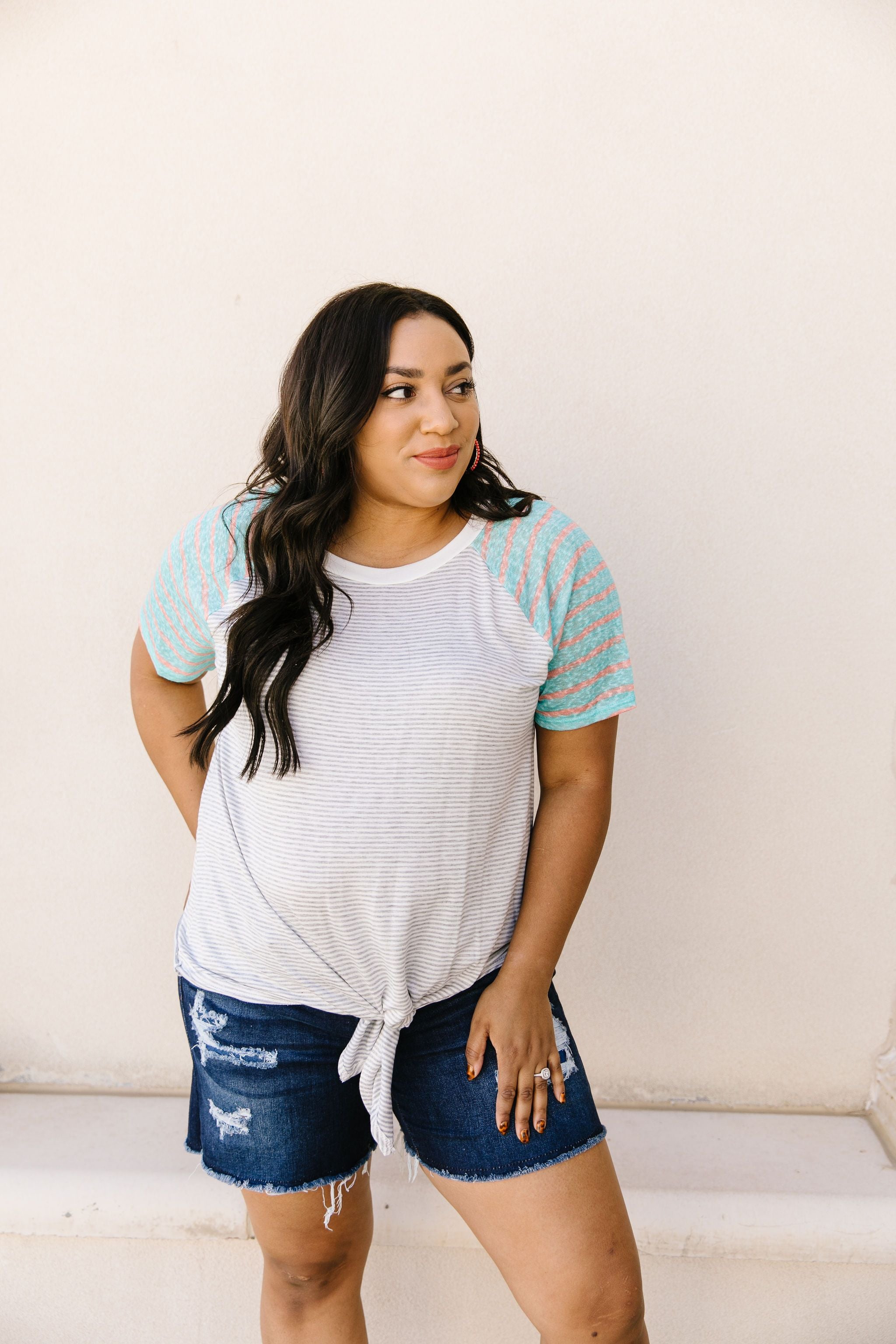 Raglan Stripes Tie Front Tee In Pale Blue