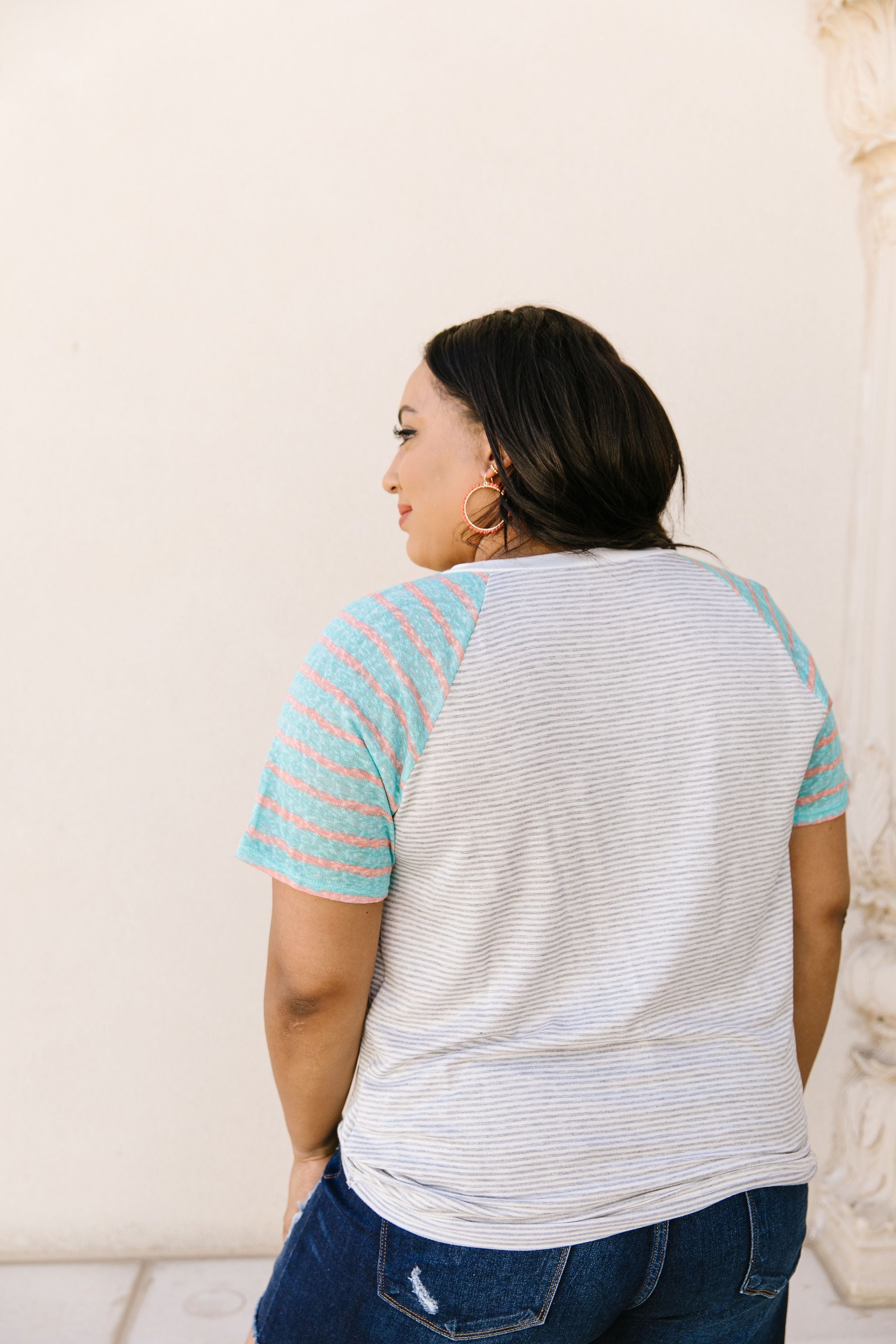 Raglan Stripes Tie Front Tee In Pale Blue