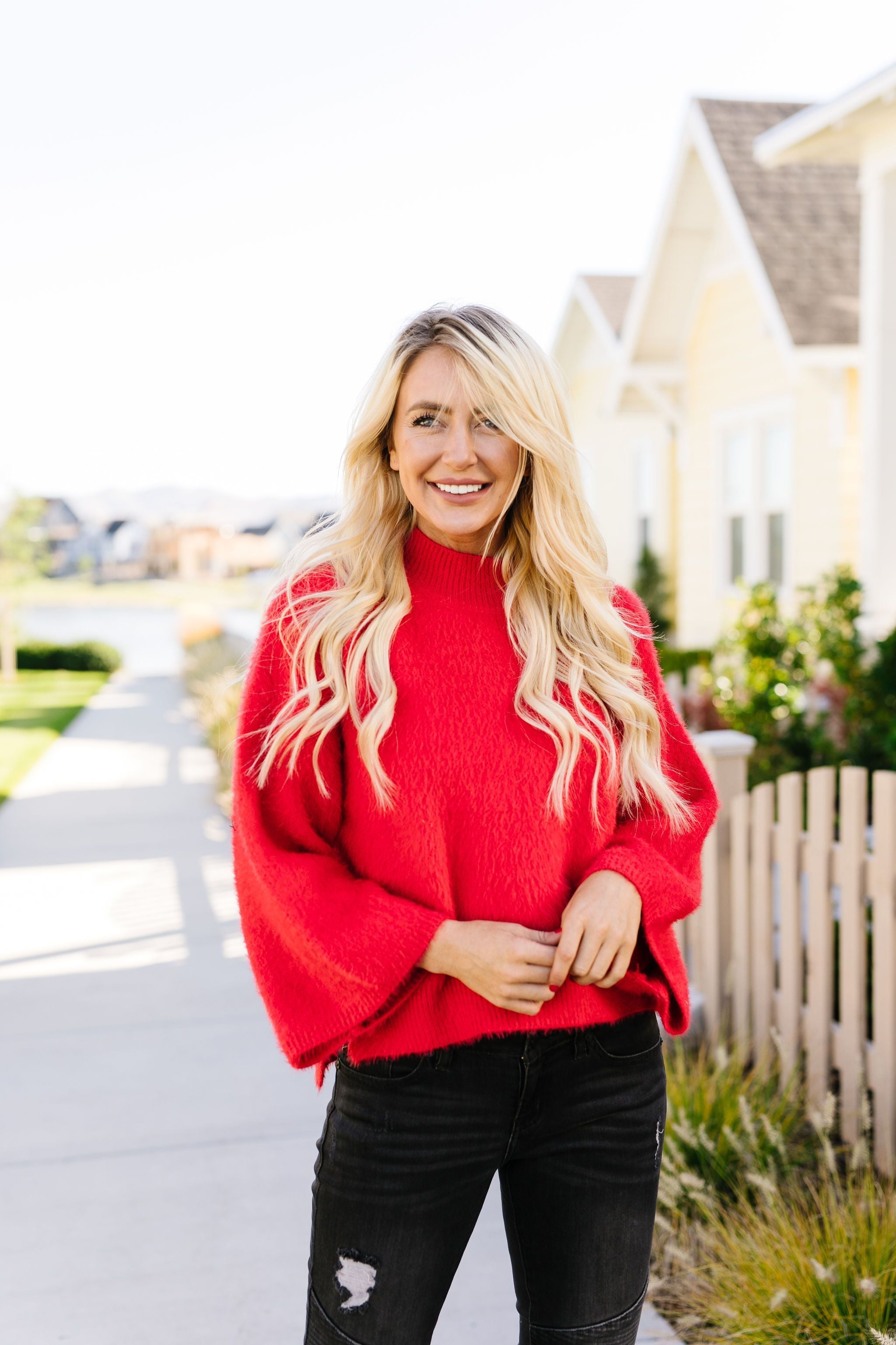 Red Bell-Sleeve Mock Neck Sweater