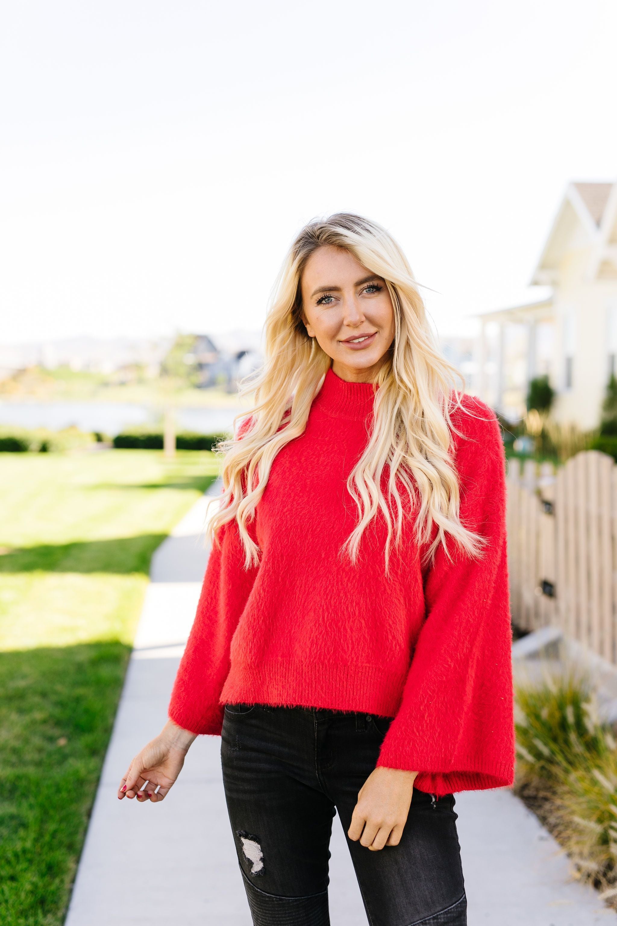 Red Bell-Sleeve Mock Neck Sweater