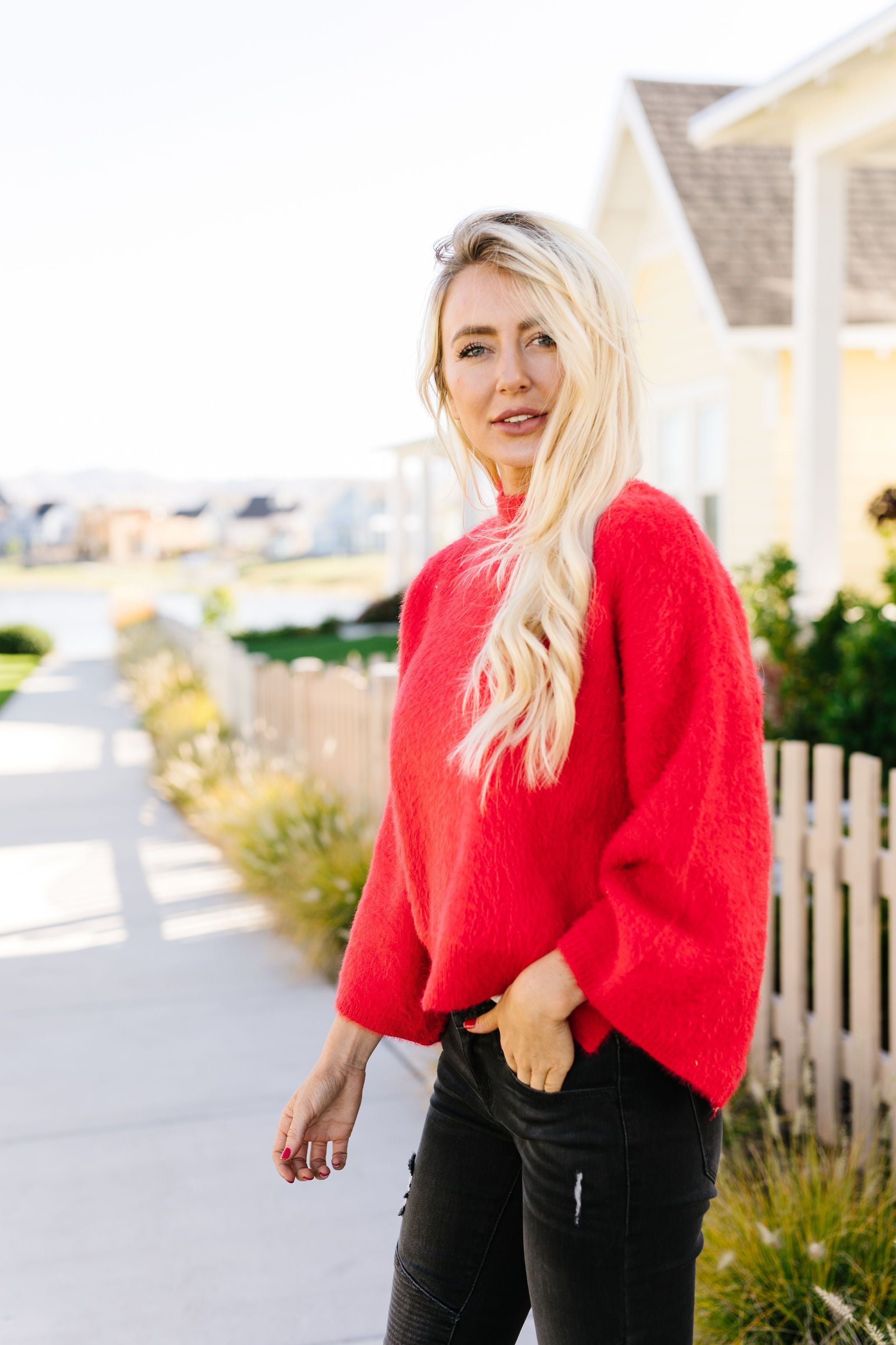 Red Bell-Sleeve Mock Neck Sweater