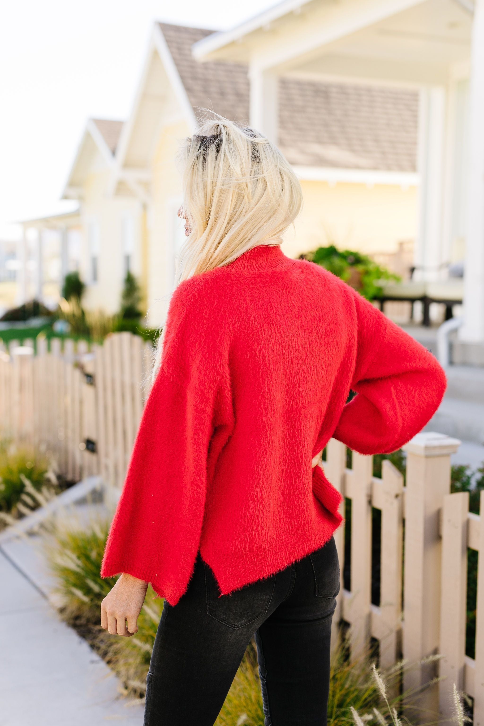 Red Bell-Sleeve Mock Neck Sweater