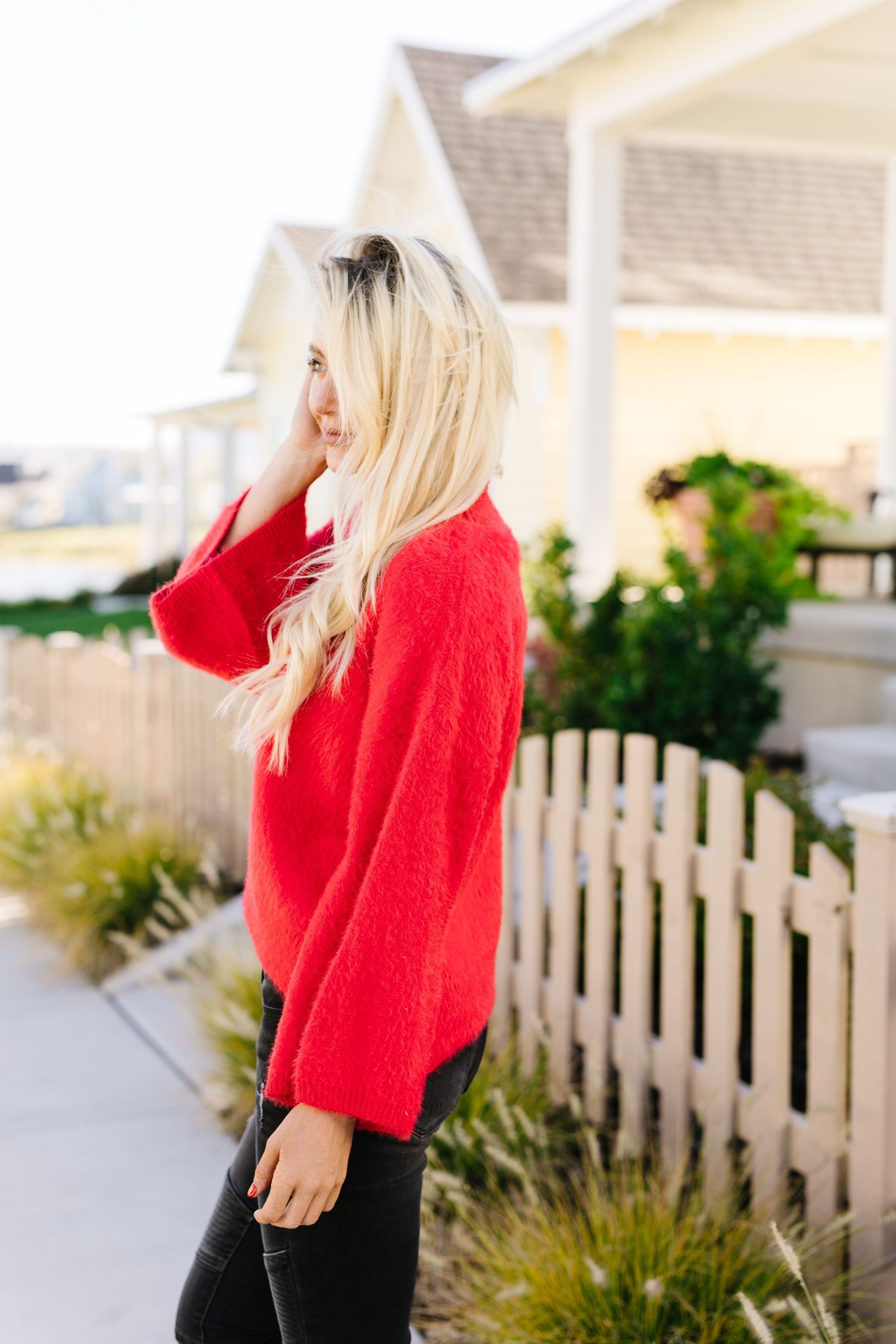 Red Bell-Sleeve Mock Neck Sweater