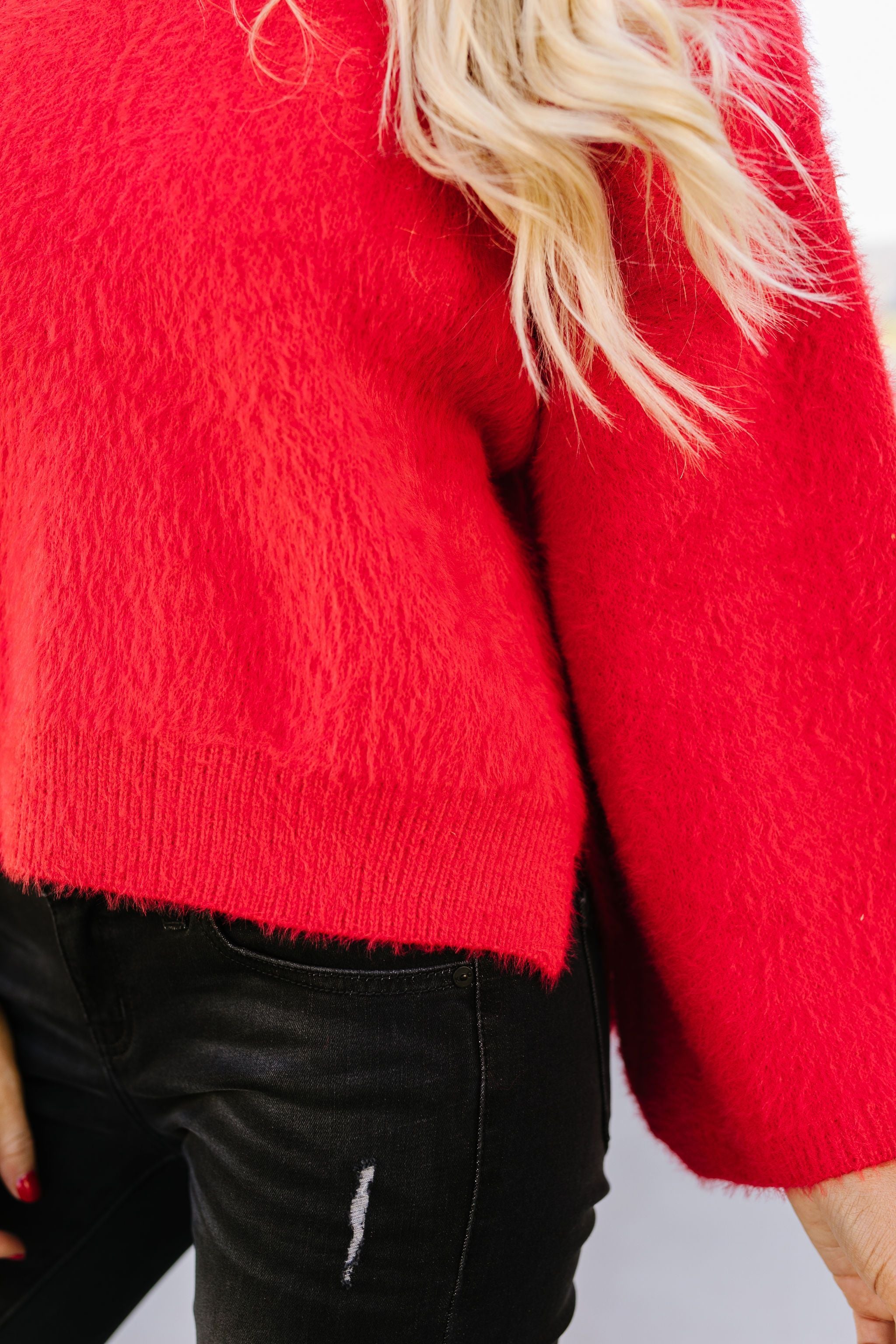 Red Bell-Sleeve Mock Neck Sweater