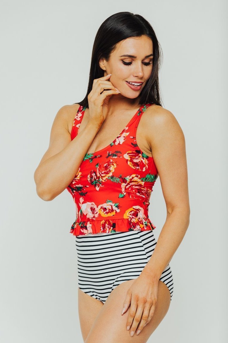 Red Floral Little Ruffle Top