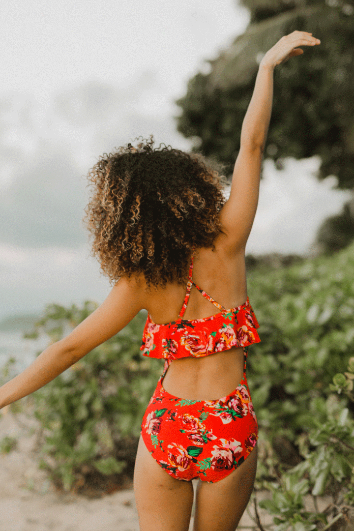 Red Floral Ruffle One Piece