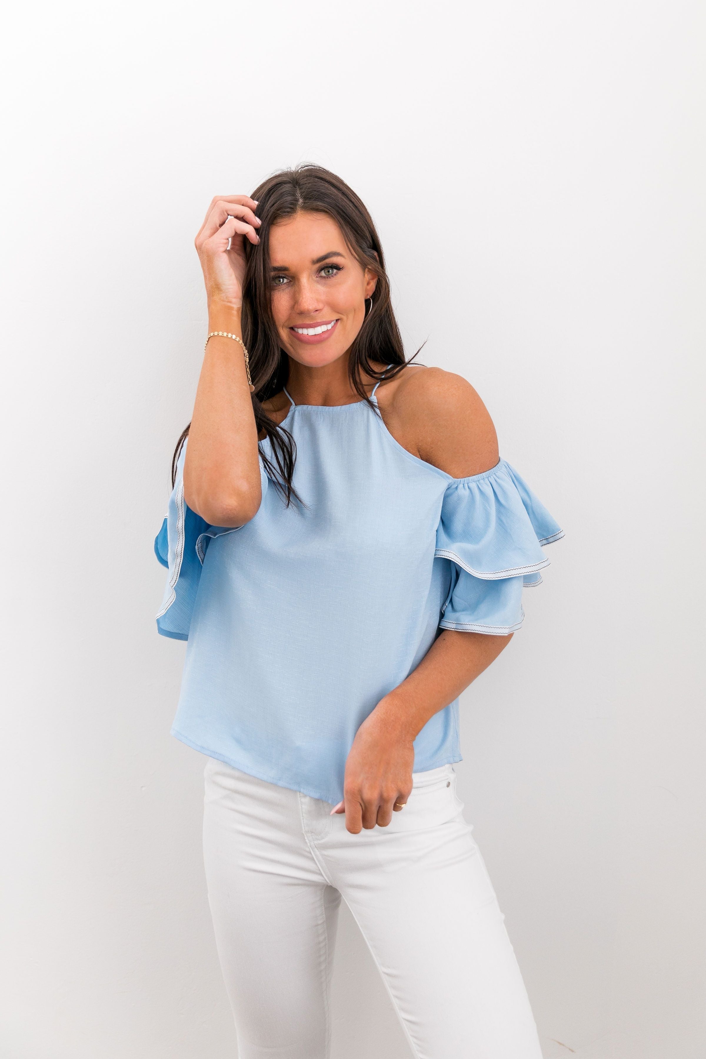 Ribboned Ruffle Cold Shoulder Blouse - ALL SALES FINAL