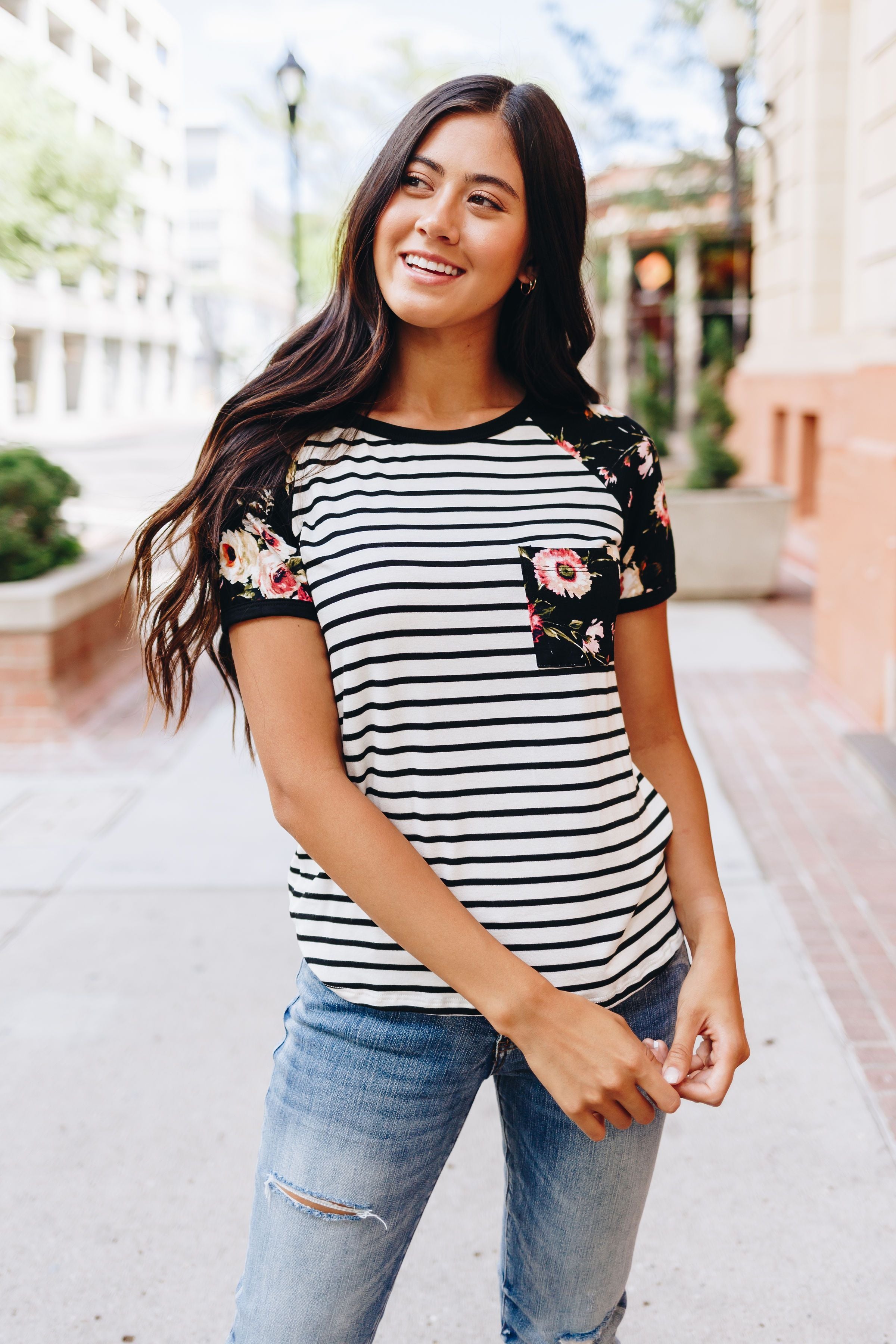 Rosie Flowers + Stripes Raglan Tee