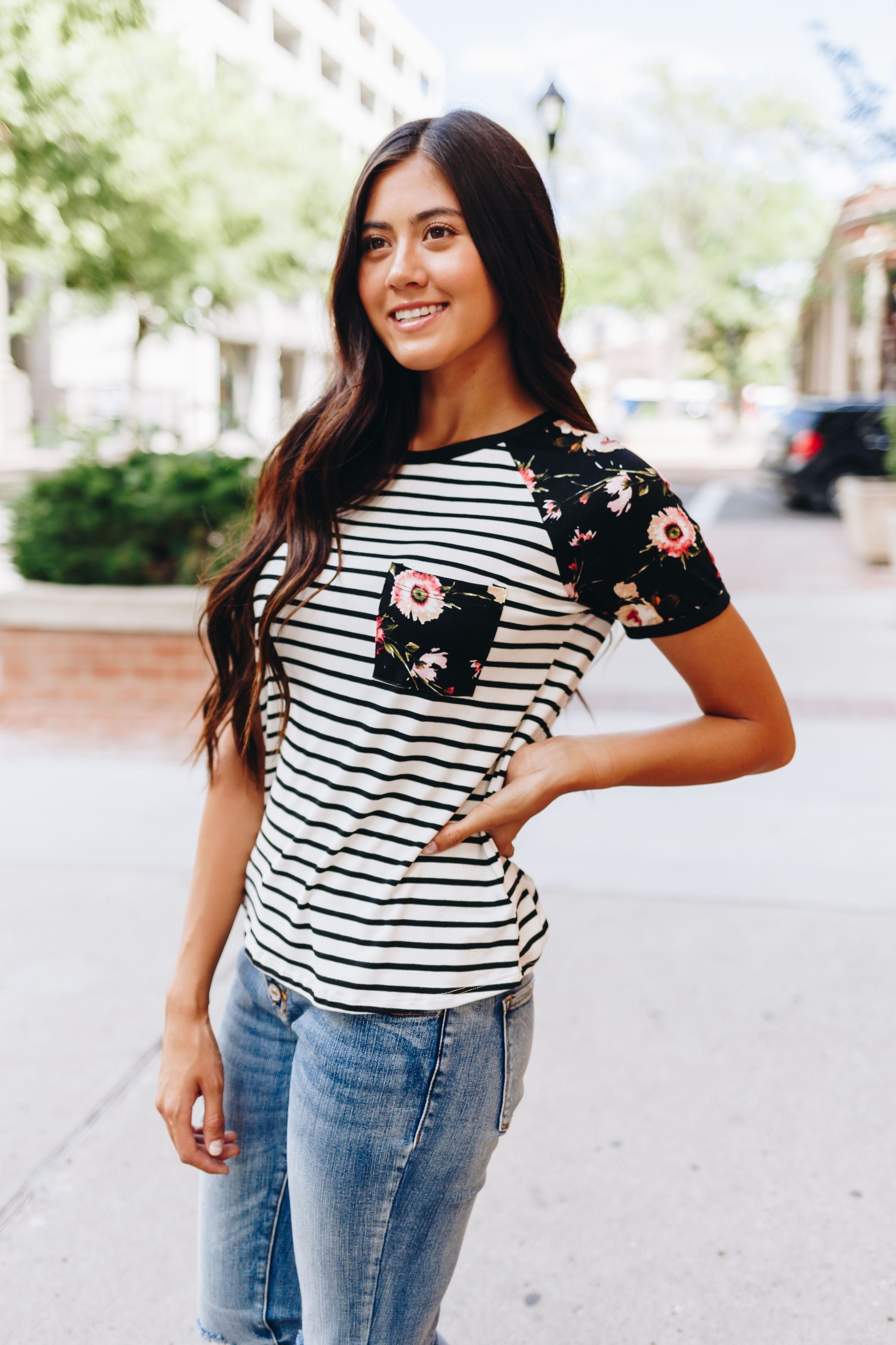 Rosie Flowers + Stripes Raglan Tee