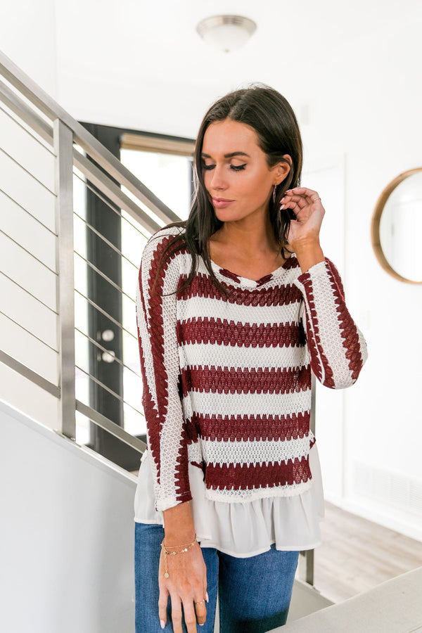 Ruffle Hem Burgundy Striped Top - ALL SALES FINAL