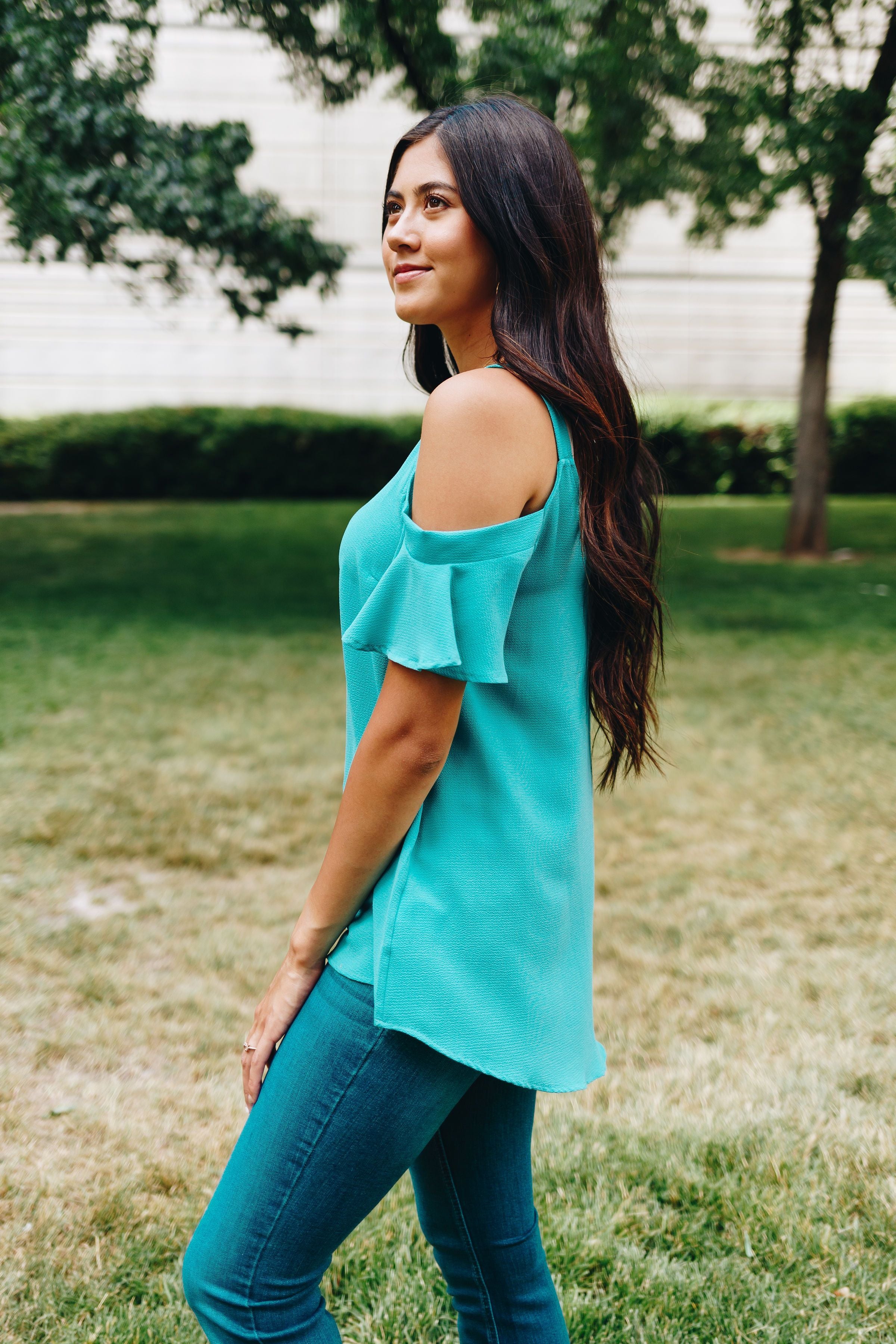 Ruffled Cold Shoulder Blouse In Jade