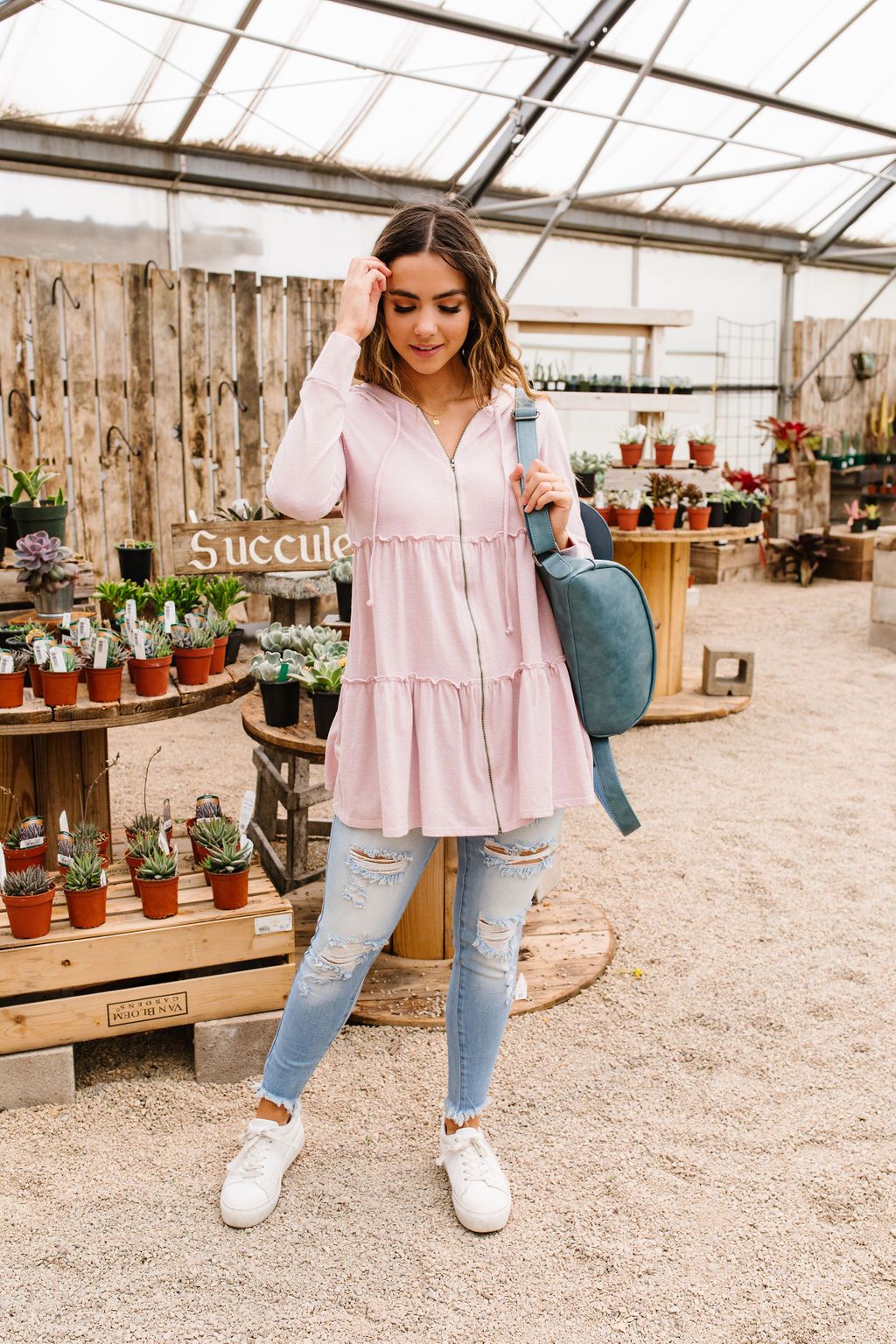 Ruffled Hoodie In Blush