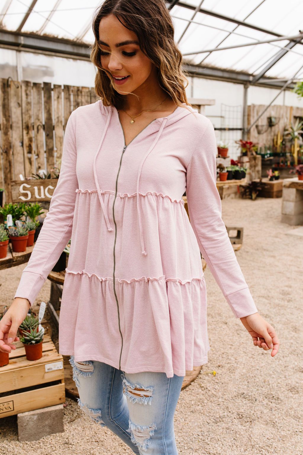 Ruffled Hoodie In Blush