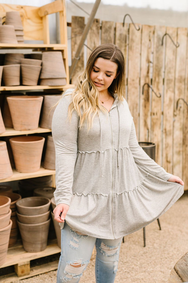 Ruffled Hoodie In Heather Gray