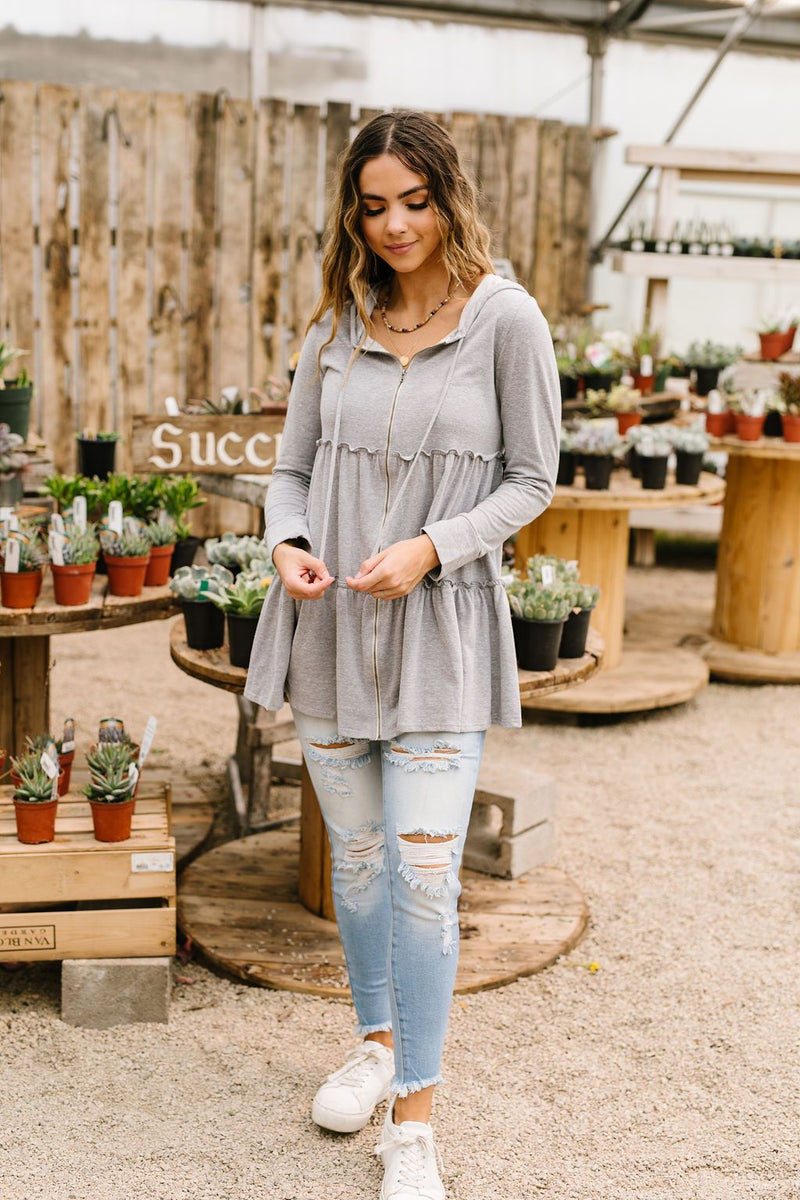 Ruffled Hoodie In Heather Gray