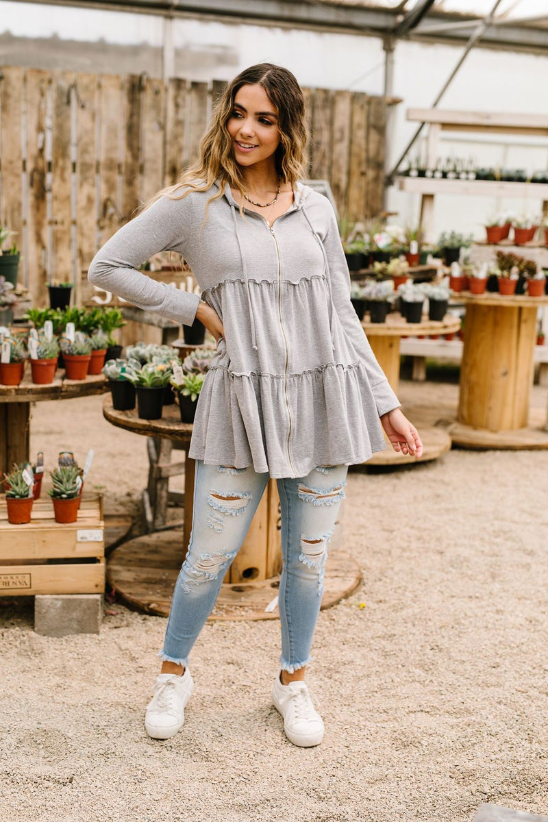 Ruffled Hoodie In Heather Gray