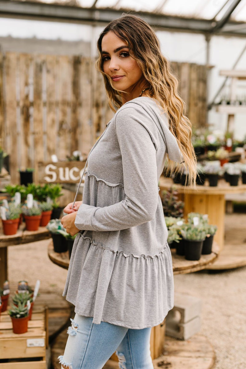 Ruffled Hoodie In Heather Gray