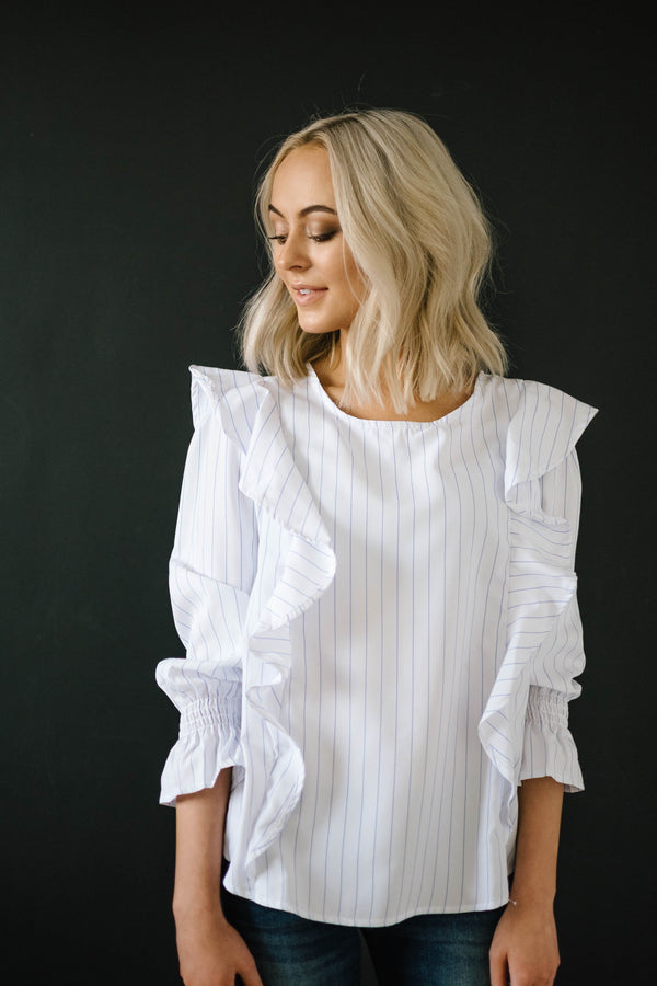 Ruffled Pinstripe Blouse in White