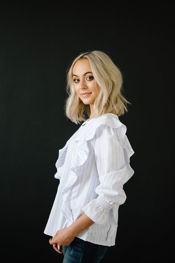 Ruffled Pinstripe Blouse in White