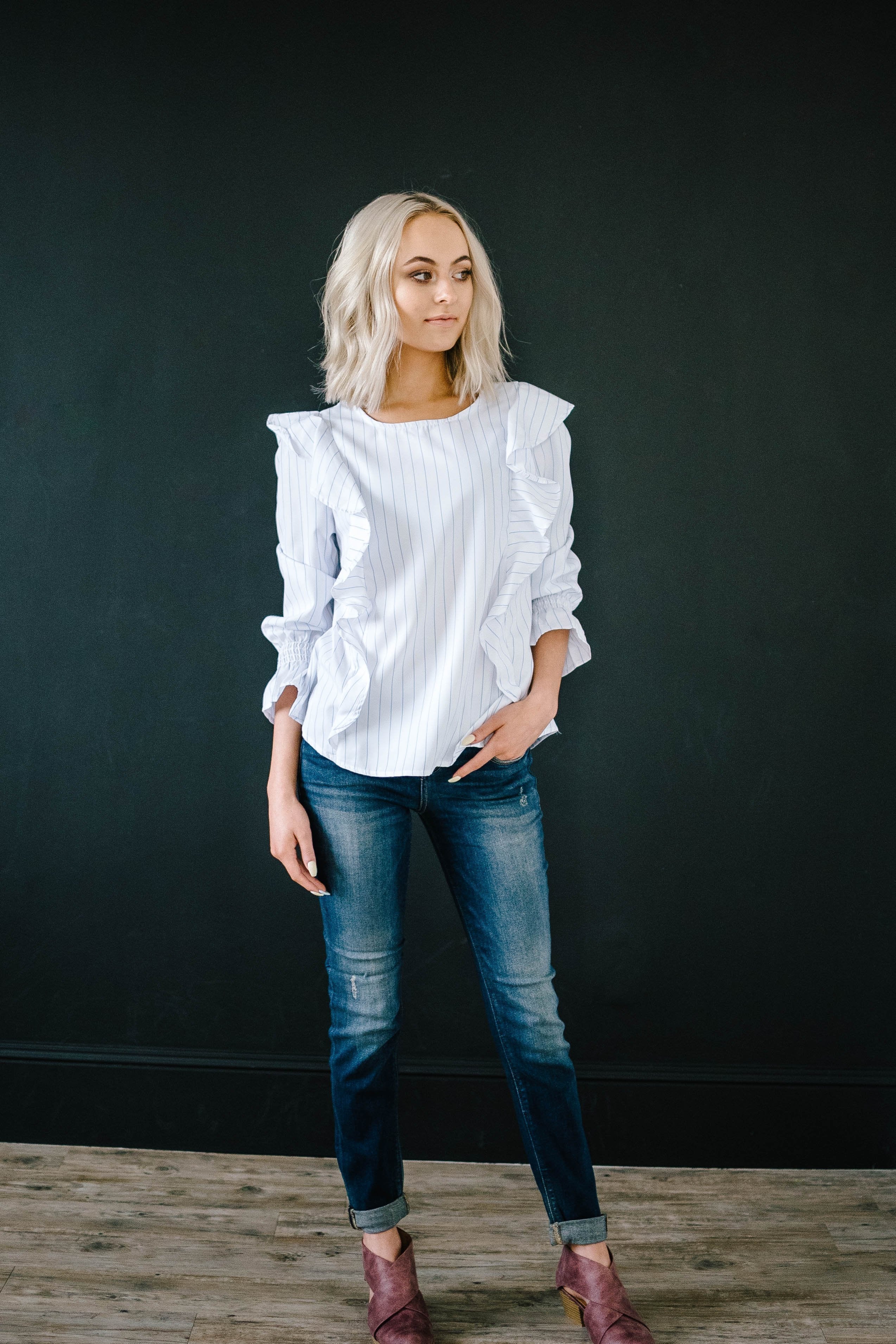 Ruffled Pinstripe Blouse in White