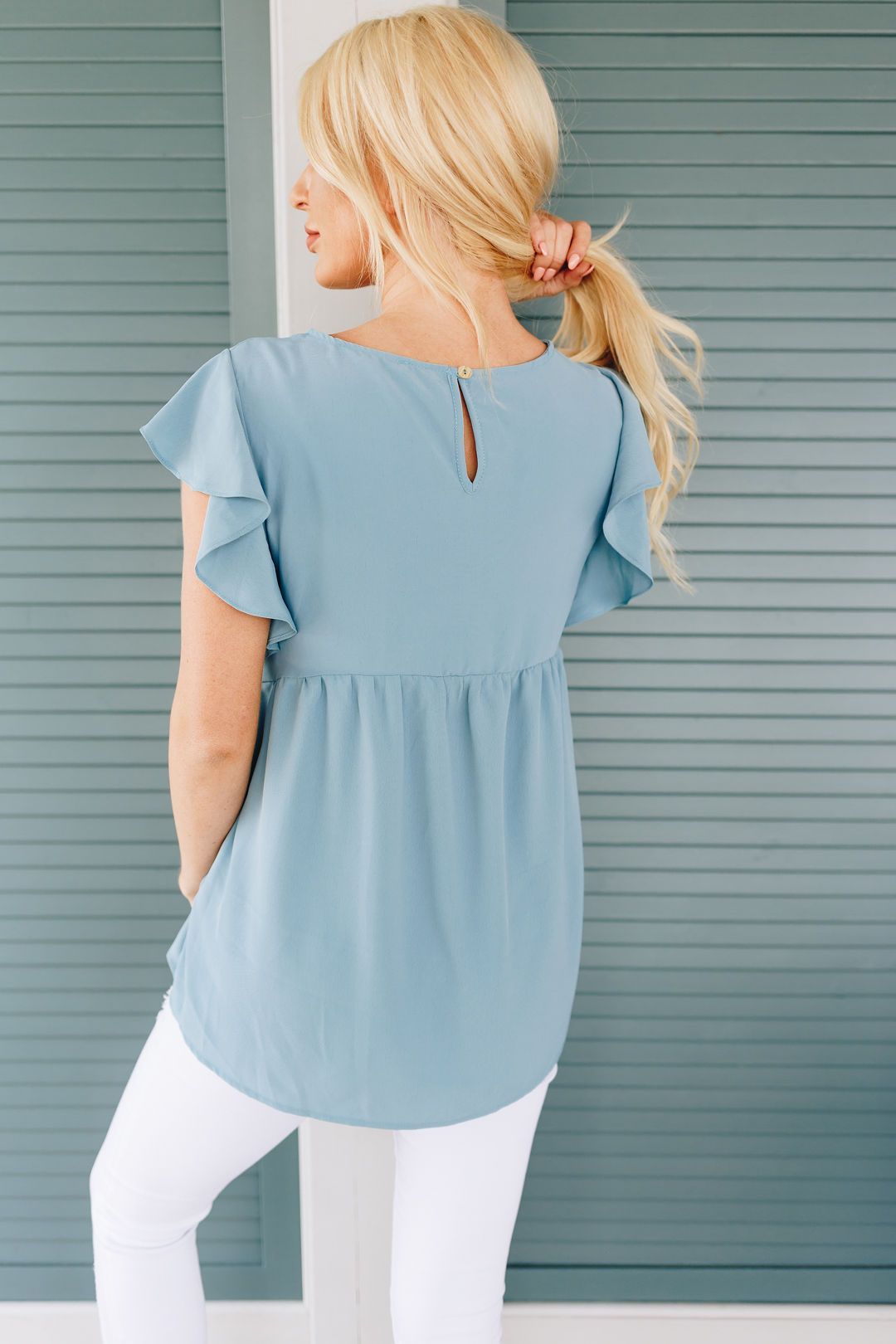 Ruffled Sleeve Baby Doll Blouse In Dusty Blue