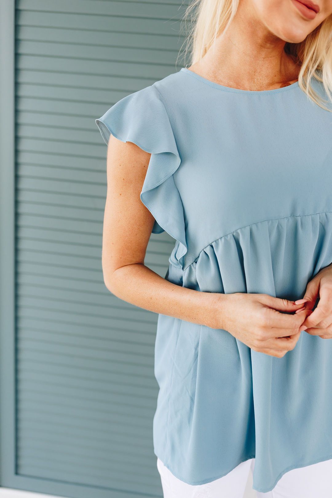 Ruffled Sleeve Baby Doll Blouse In Dusty Blue