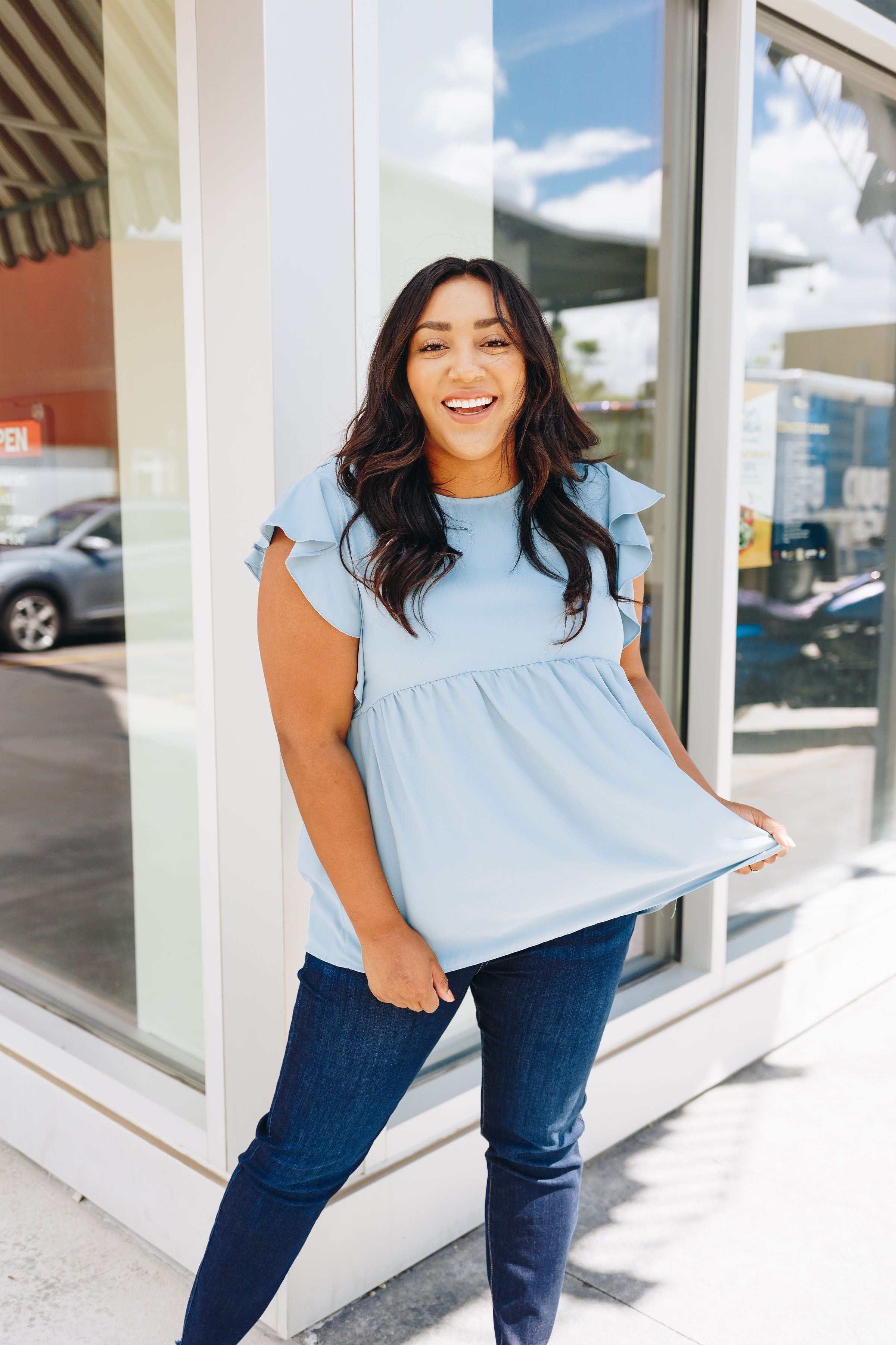 Ruffled Sleeve Baby Doll Blouse In Dusty Blue