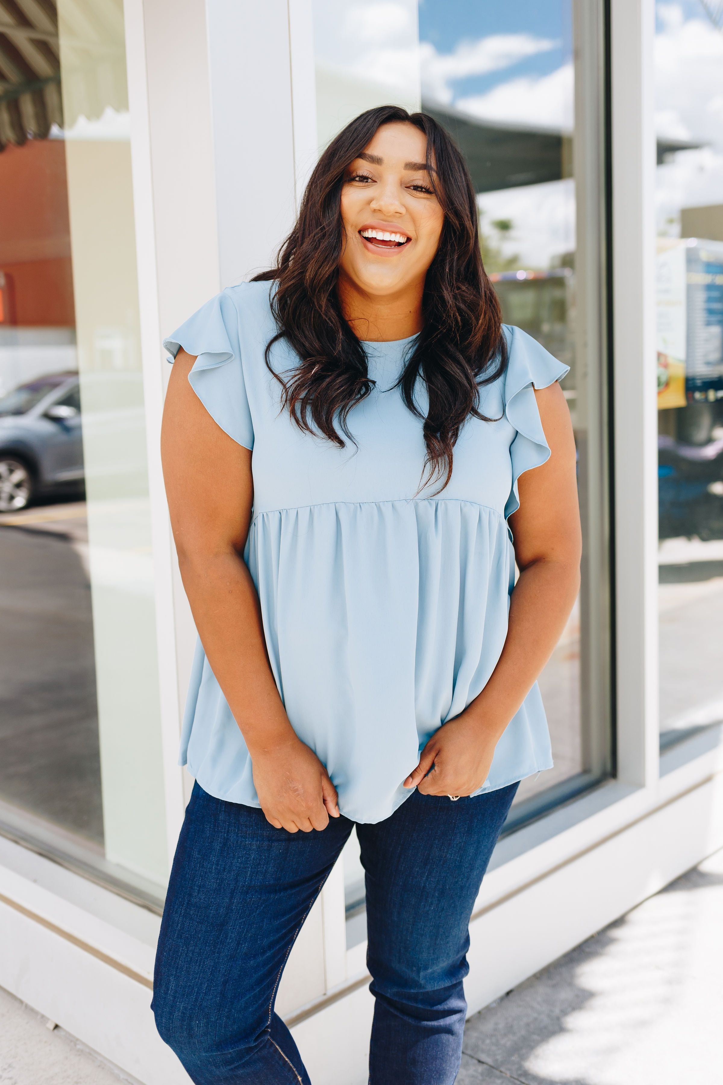 Ruffled Sleeve Baby Doll Blouse In Dusty Blue