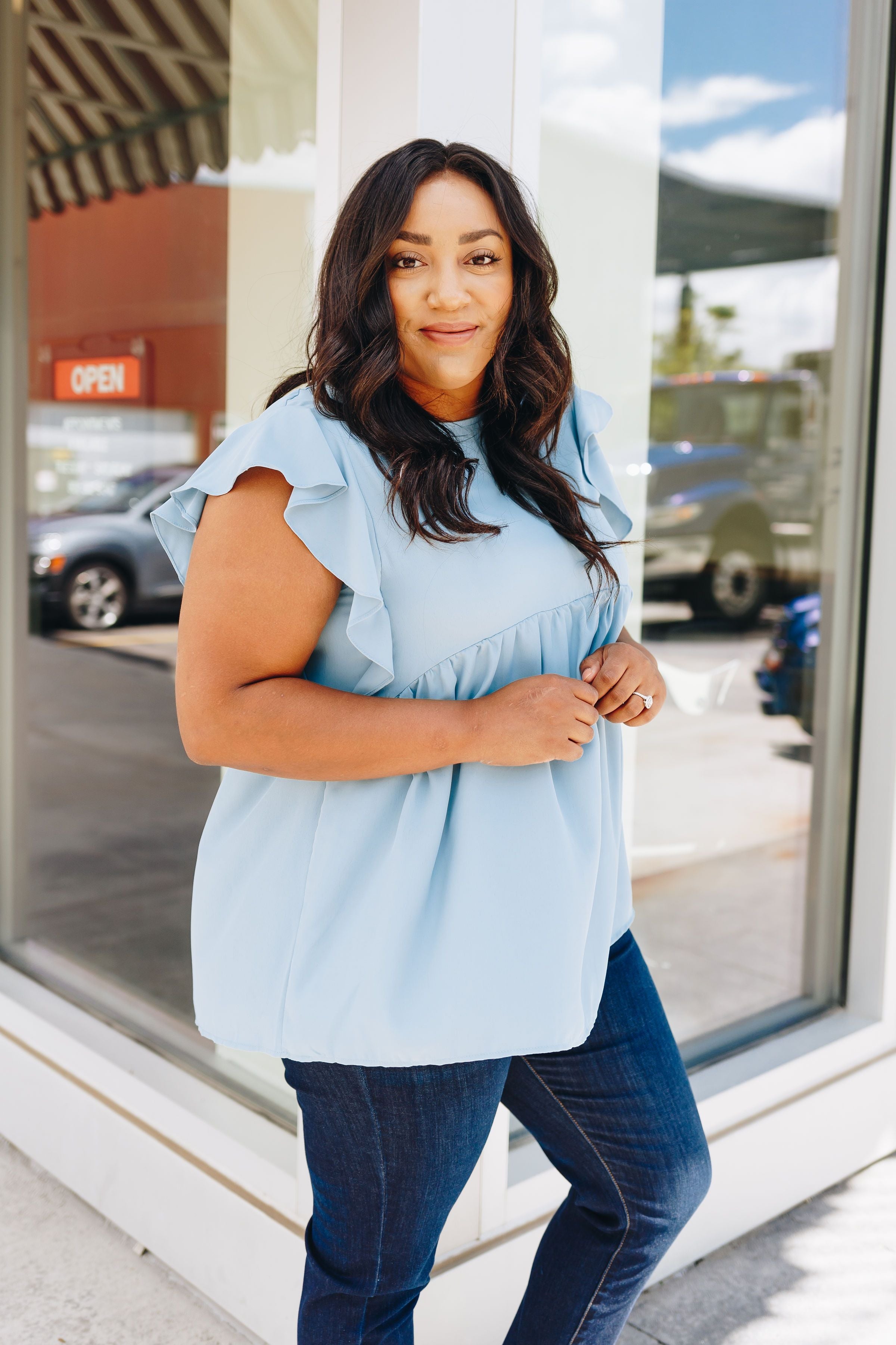 Ruffled Sleeve Baby Doll Blouse In Dusty Blue