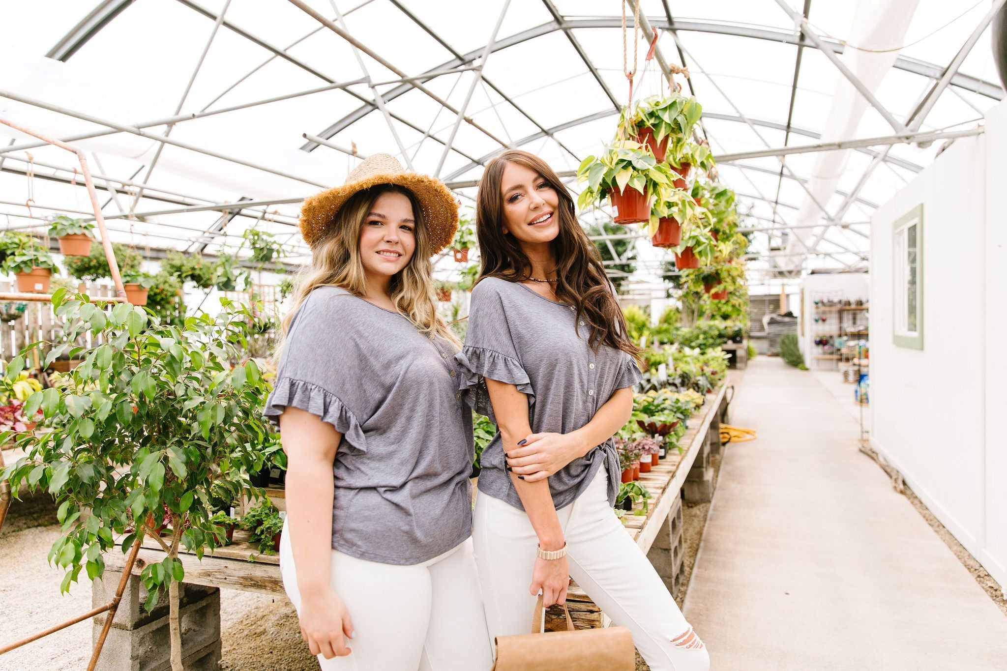 Ruffled Sleeve Button Down In Faded Denim