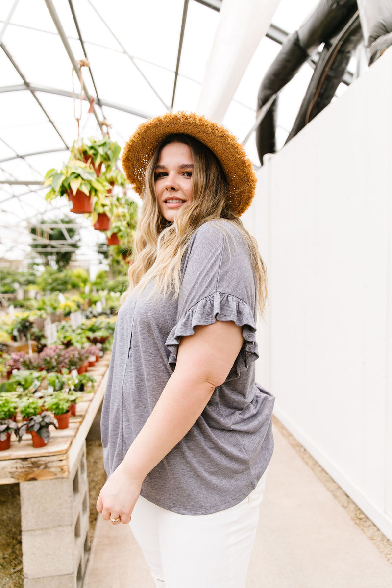 Ruffled Sleeve Button Down In Faded Denim