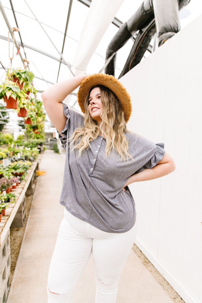 Ruffled Sleeve Button Down In Faded Denim