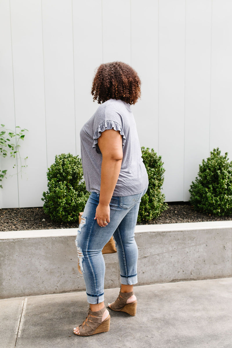 Ruffled Sleeve Button Down In Faded Denim