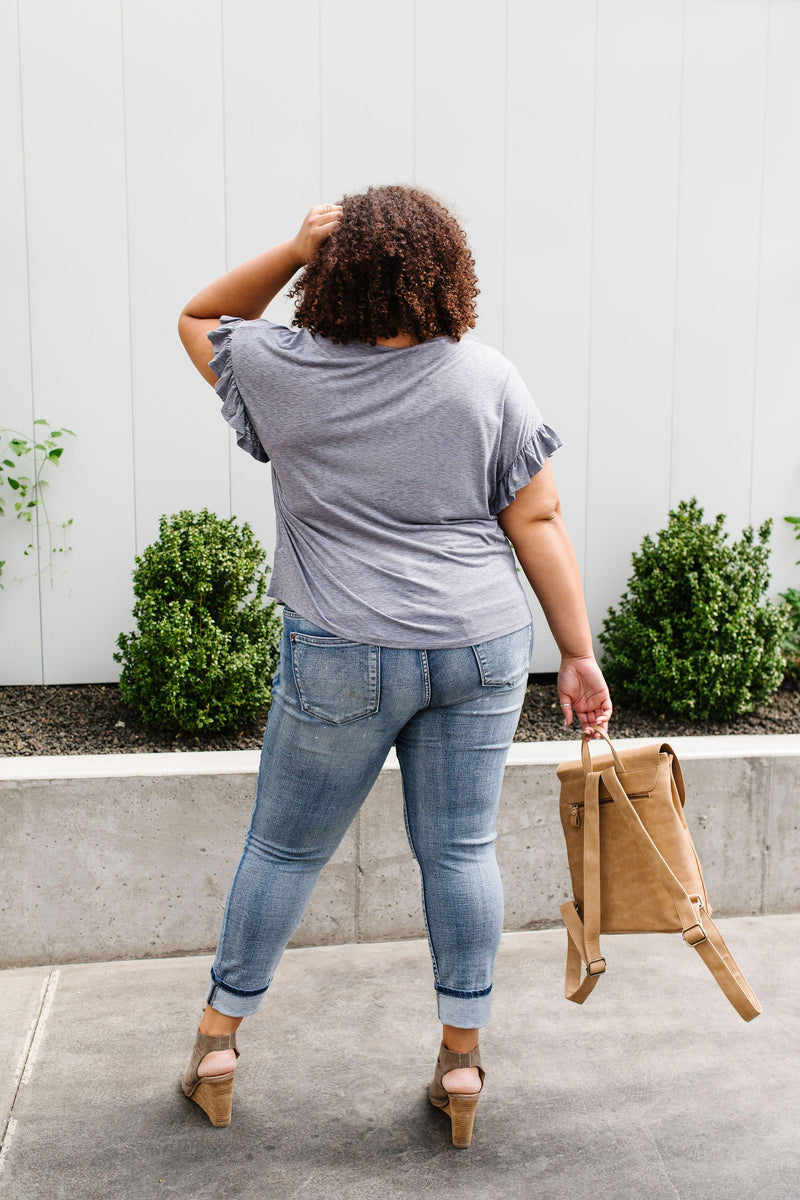 Ruffled Sleeve Button Down In Faded Denim