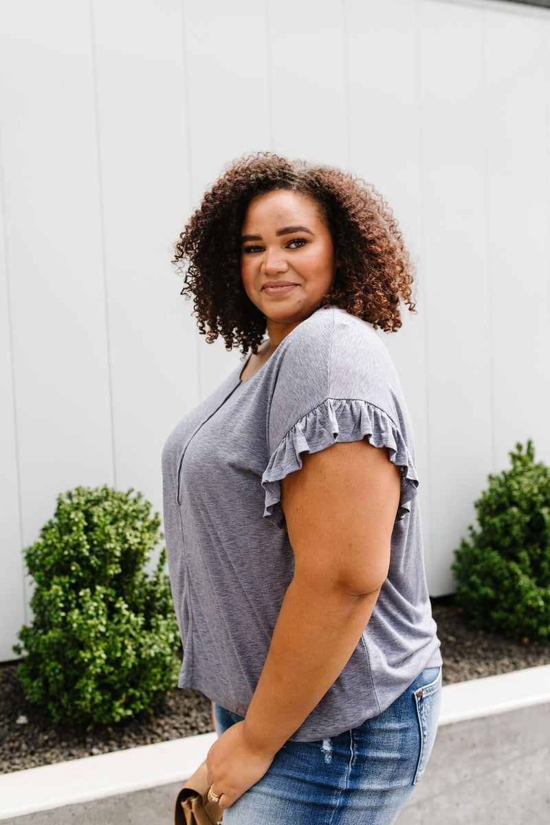 Ruffled Sleeve Button Down In Faded Denim