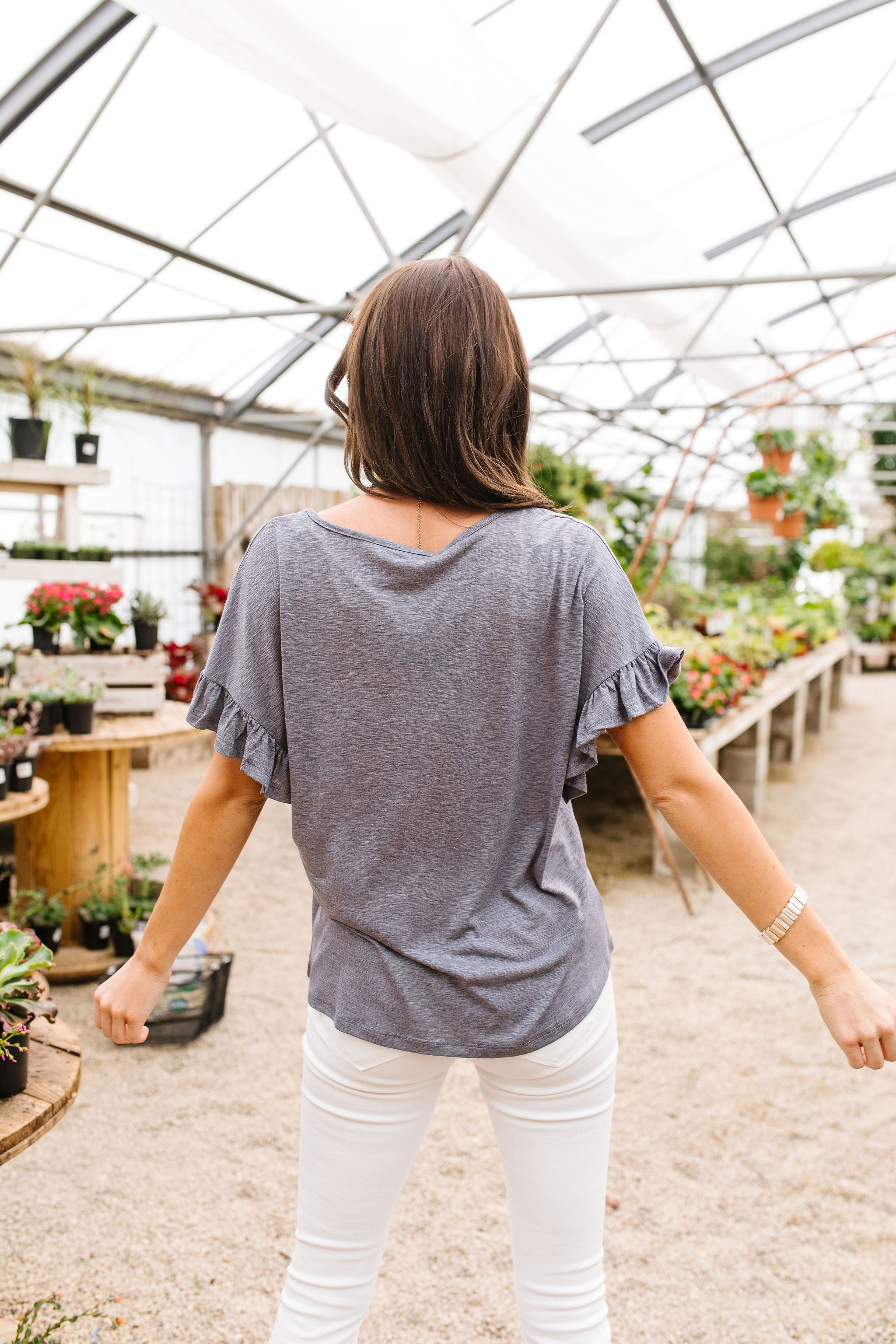 Ruffled Sleeve Button Down In Faded Denim