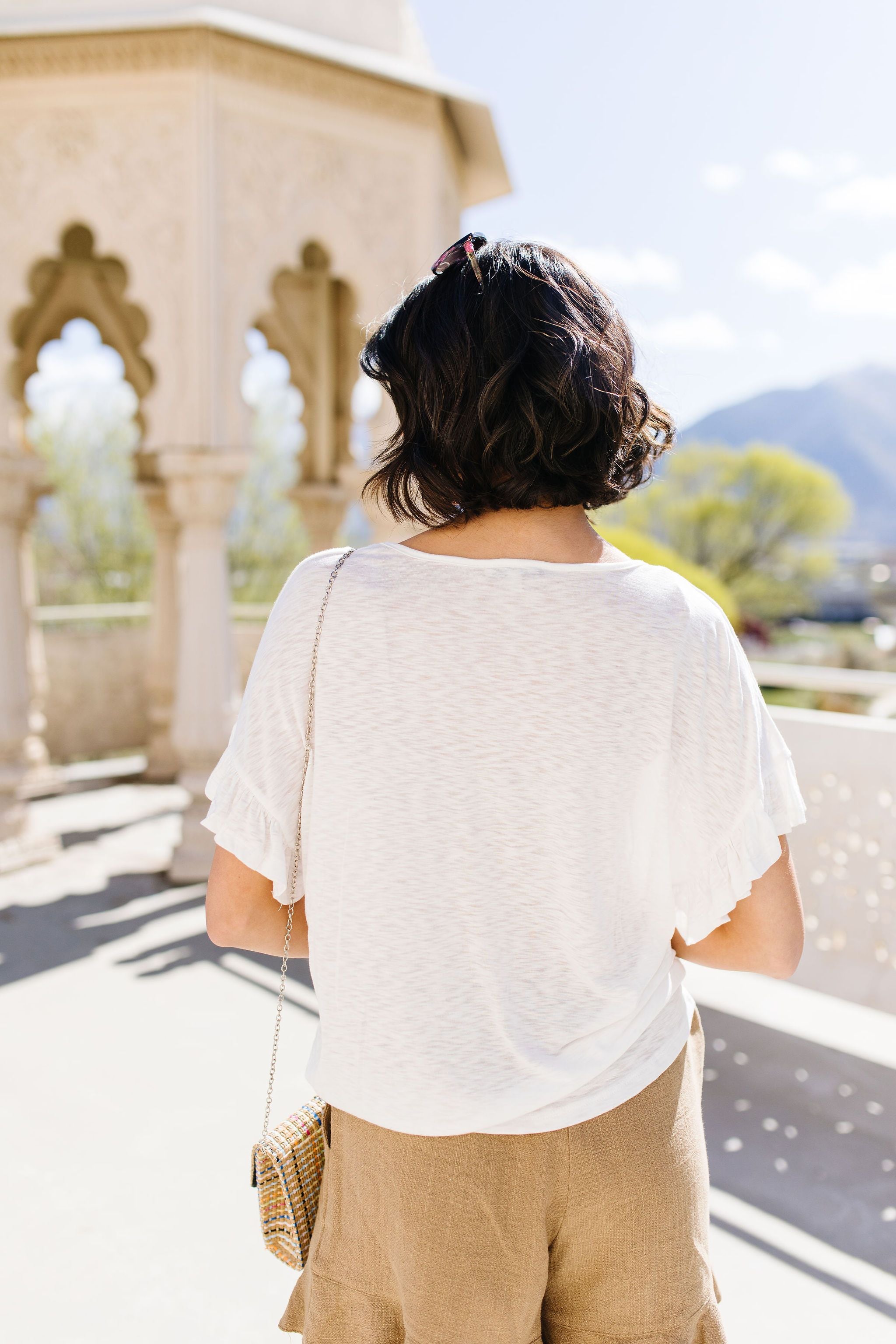 Ruffled Sleeve Button Down In White