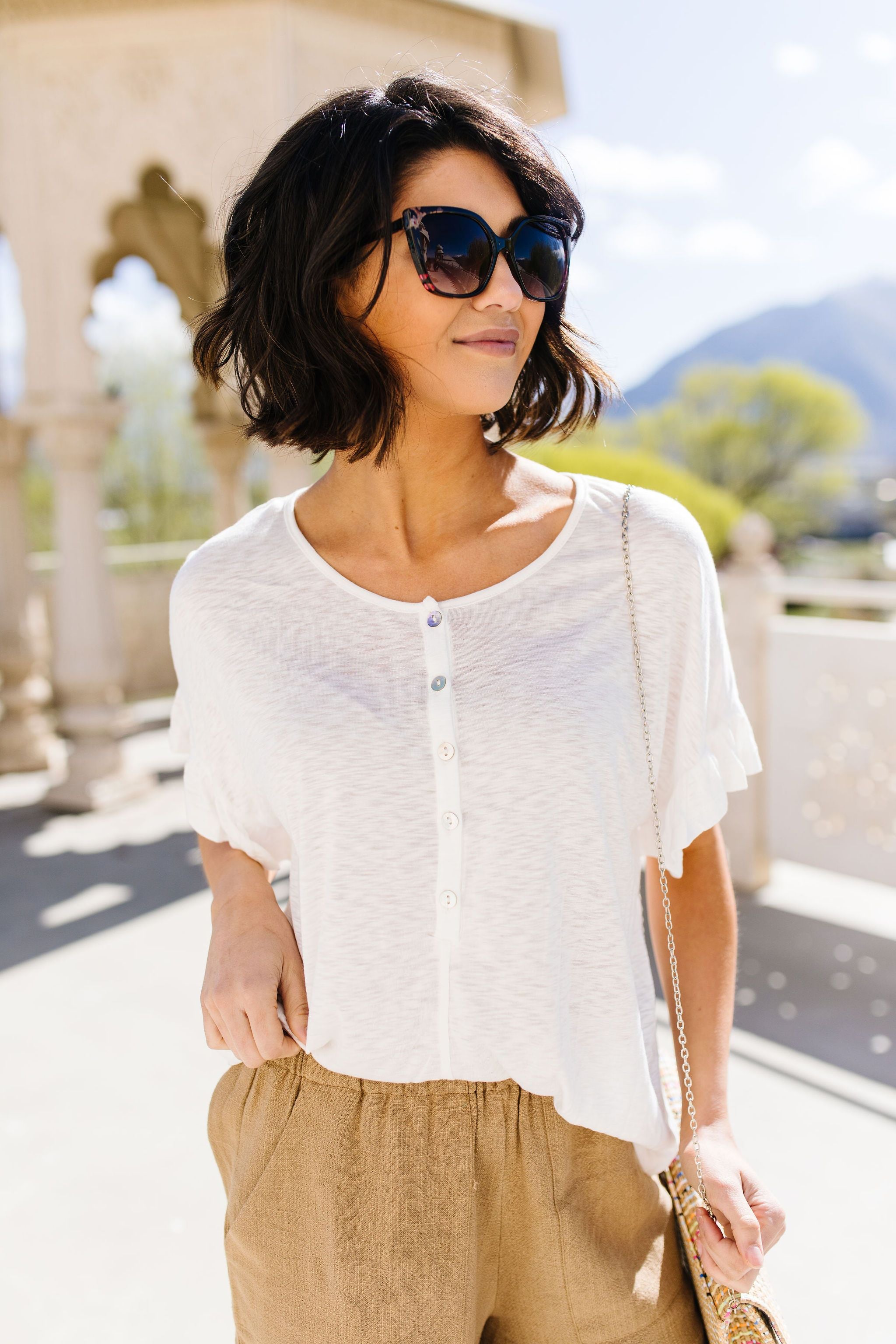 Ruffled Sleeve Button Down In White