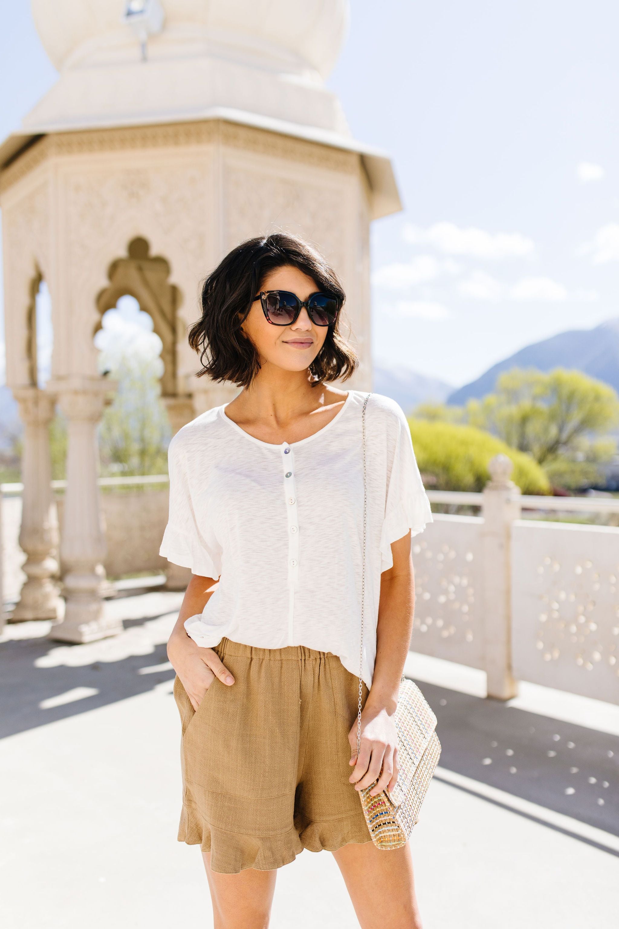 Ruffled Sleeve Button Down In White