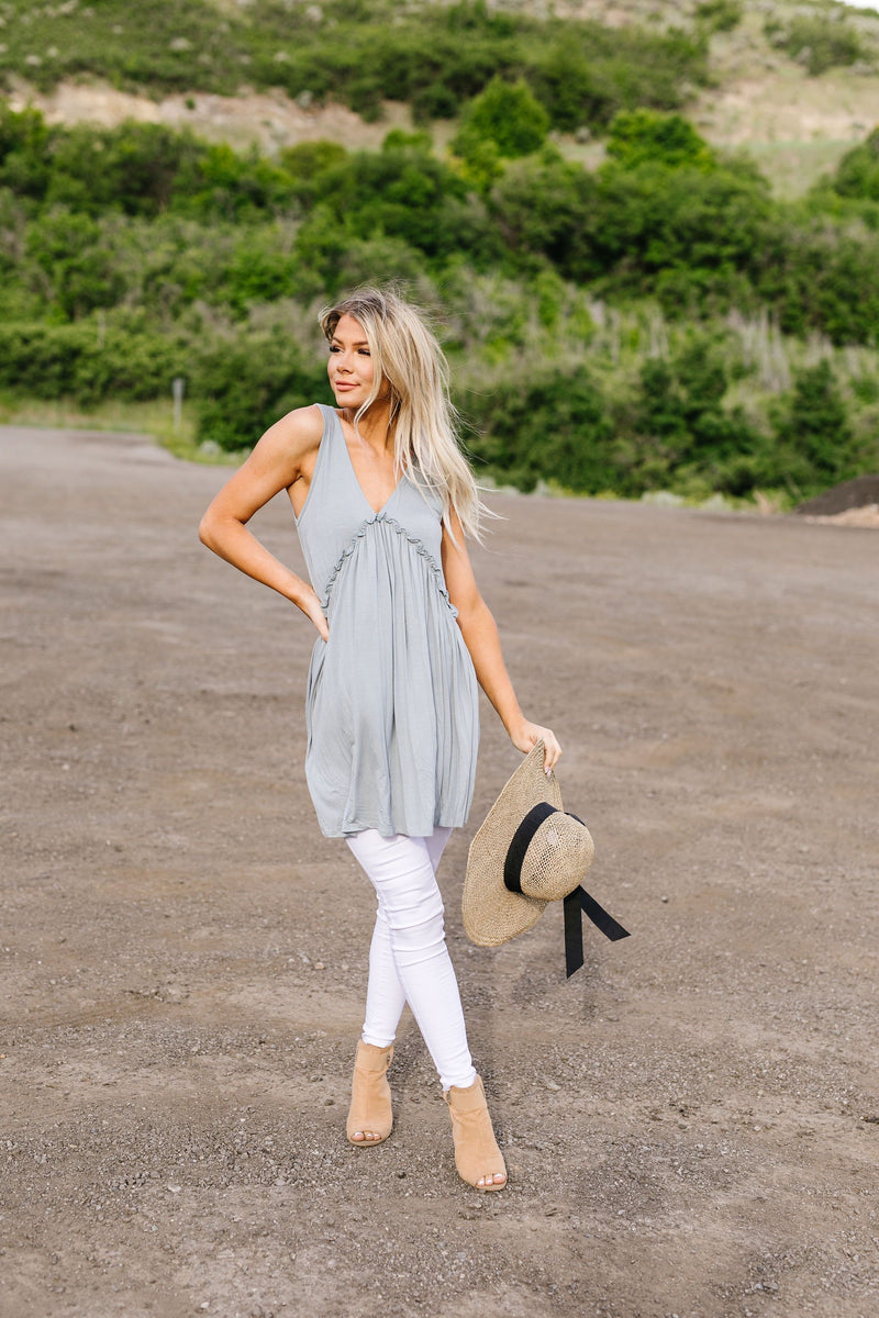 Ruffled V Babydoll Dress In Sage