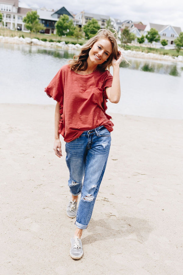 Ruffles On The Side Top In Marsala