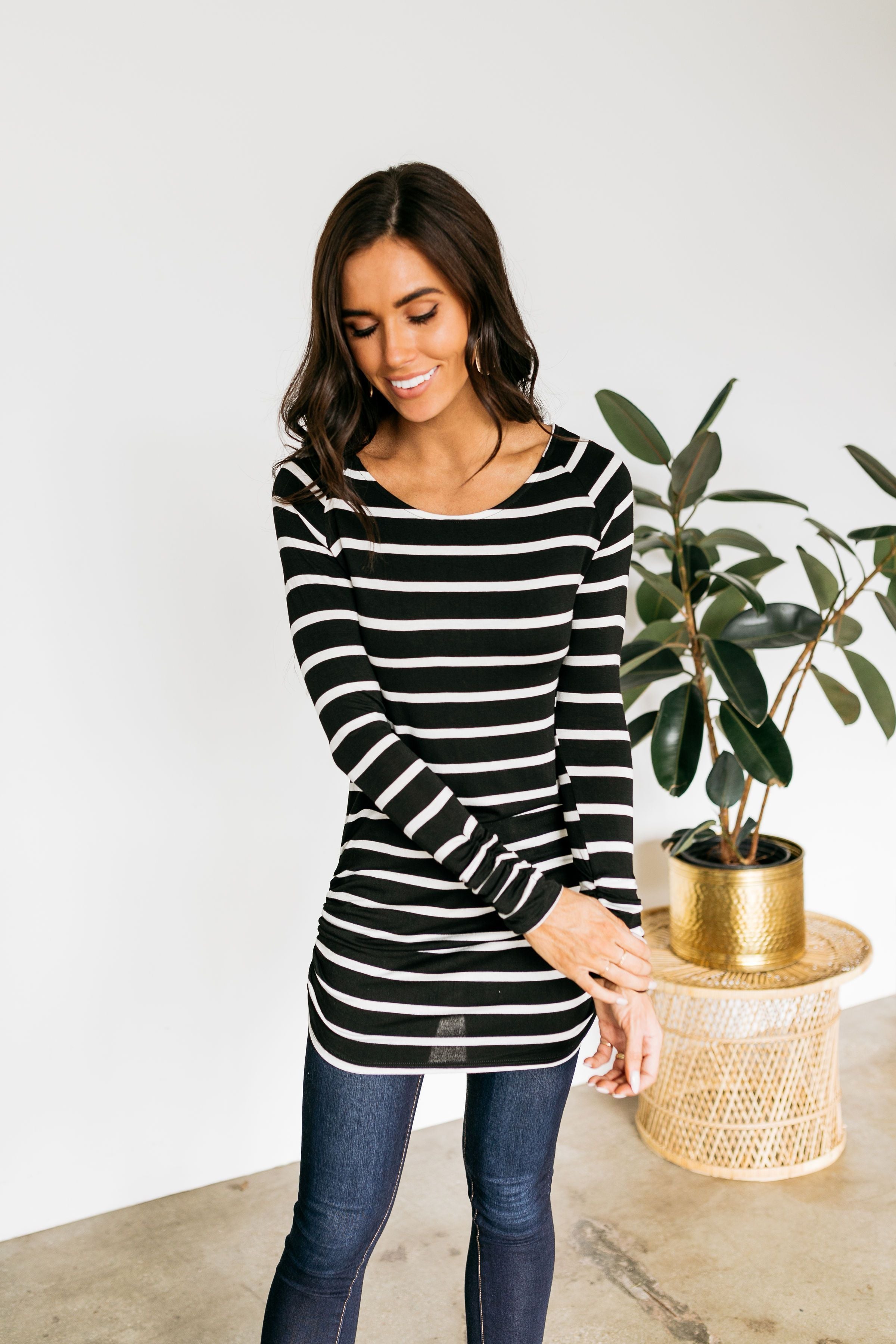 Ruled And Ruched Black & White Striped Top