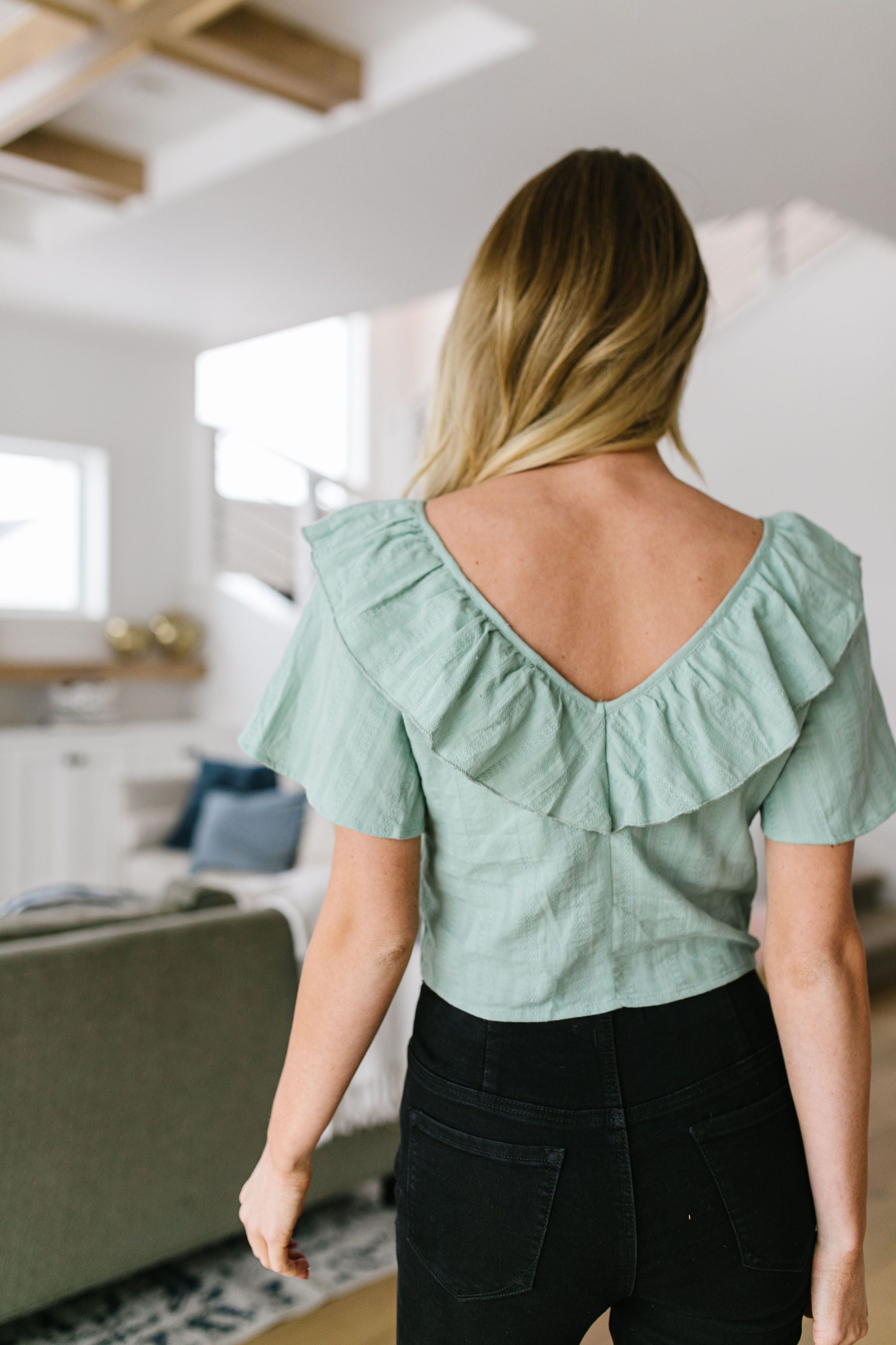 Sage Ruffles Tie Front Top