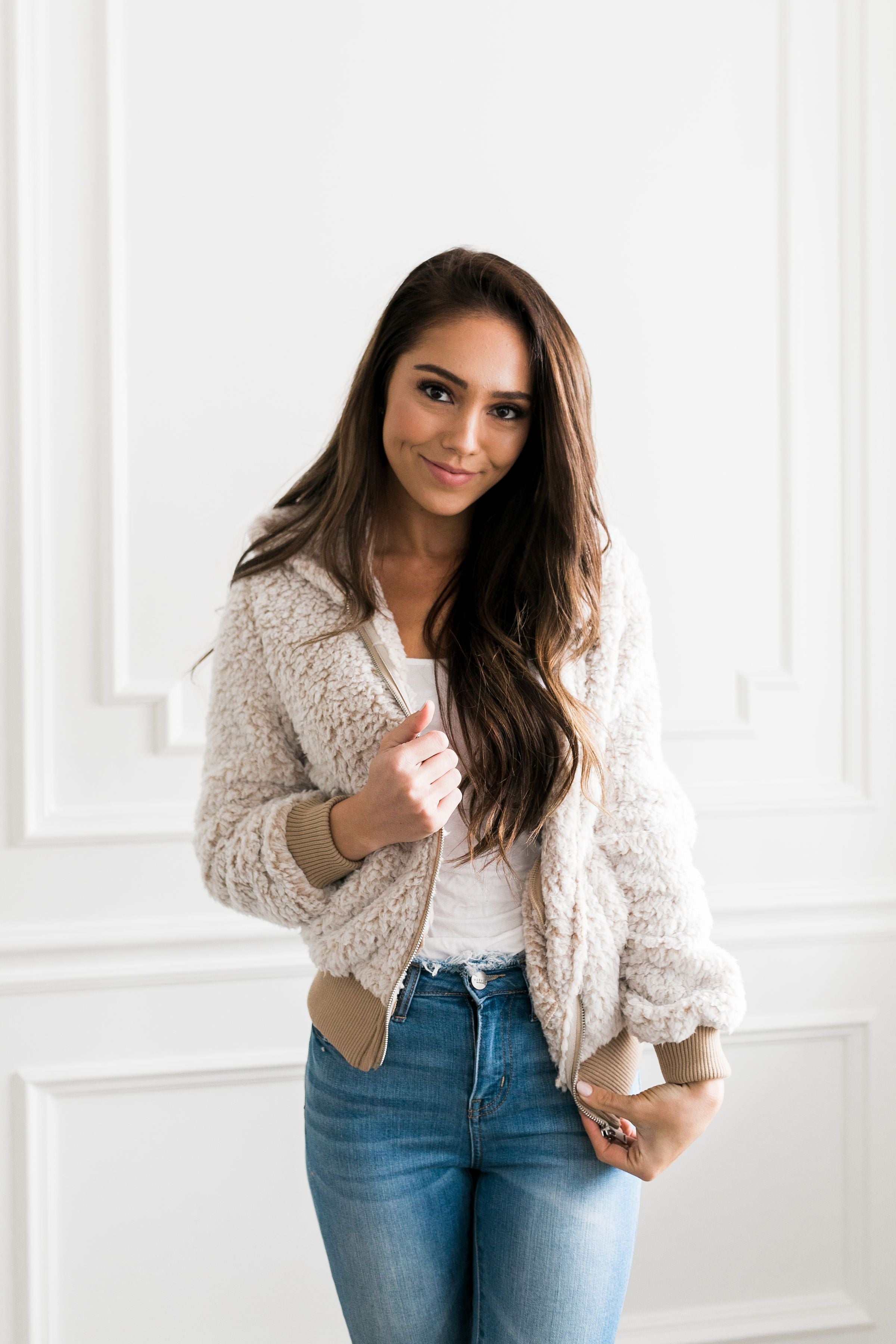 Sherpa Contrasting Cropped Zip-Up Hoodie in Oatmeal - ALL SALES FINAL