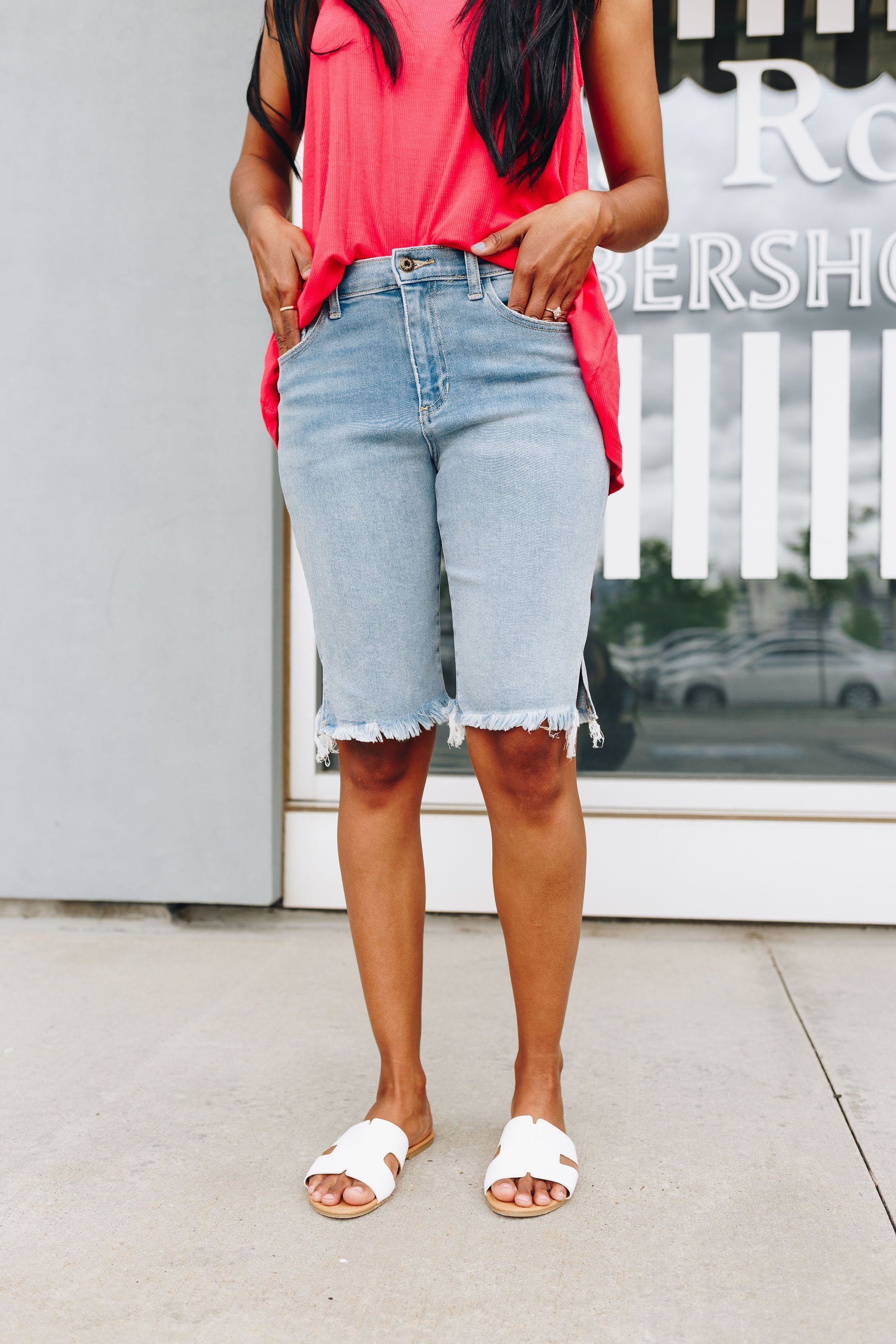 Side Slit Light Wash Bermuda Shorts