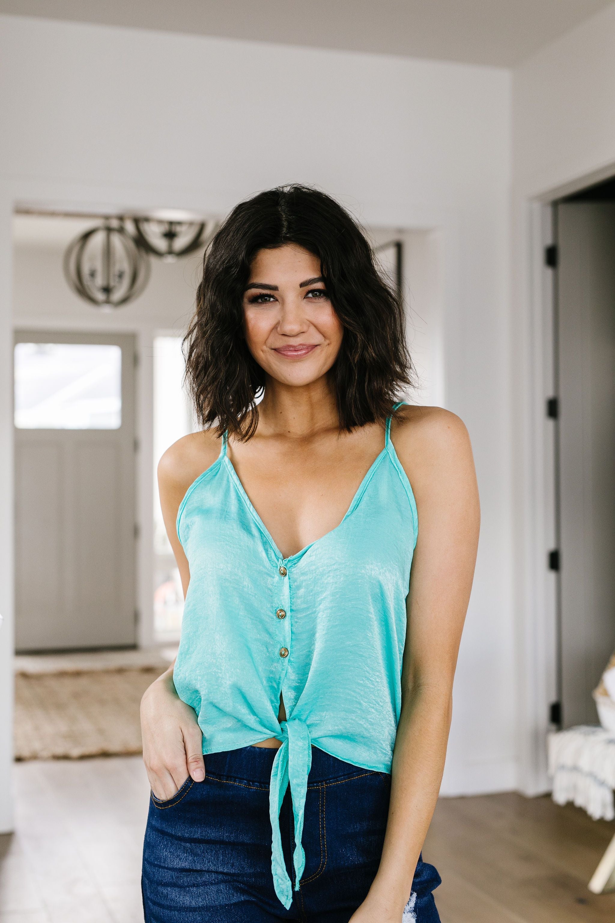 Silky Button-Down Tank In Aqua