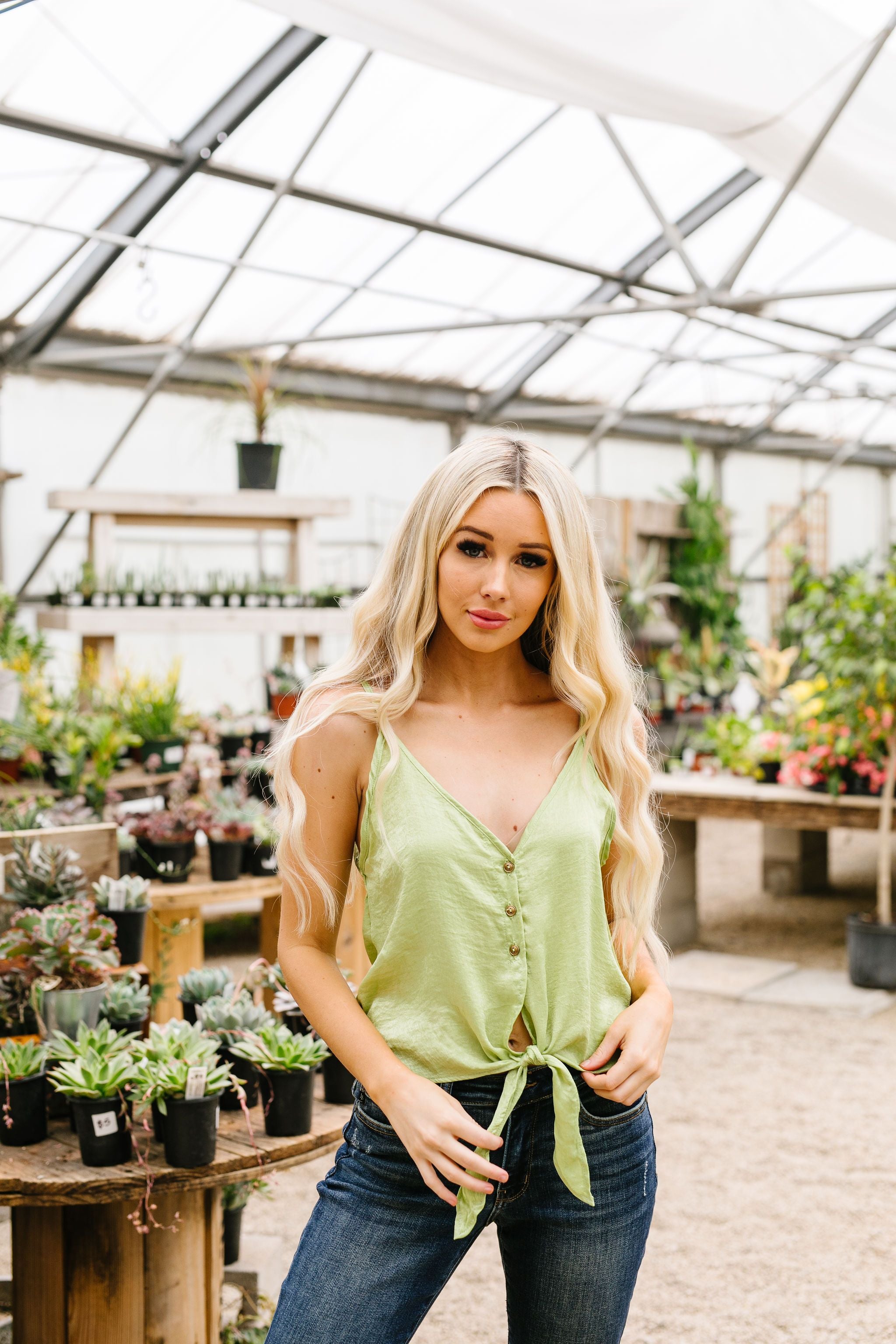 Silky Button-Down Tank In Lime