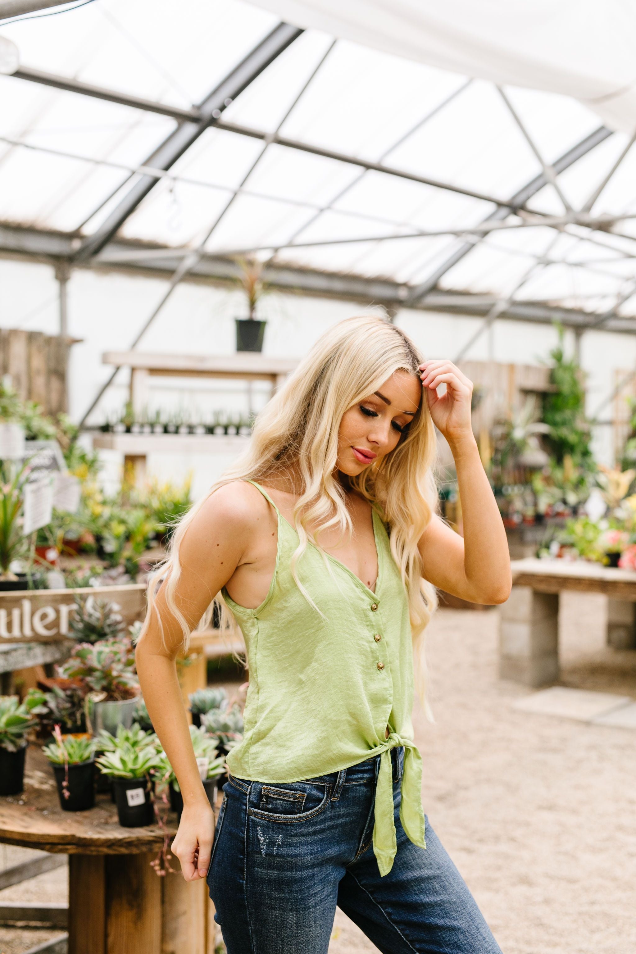 Silky Button-Down Tank In Lime