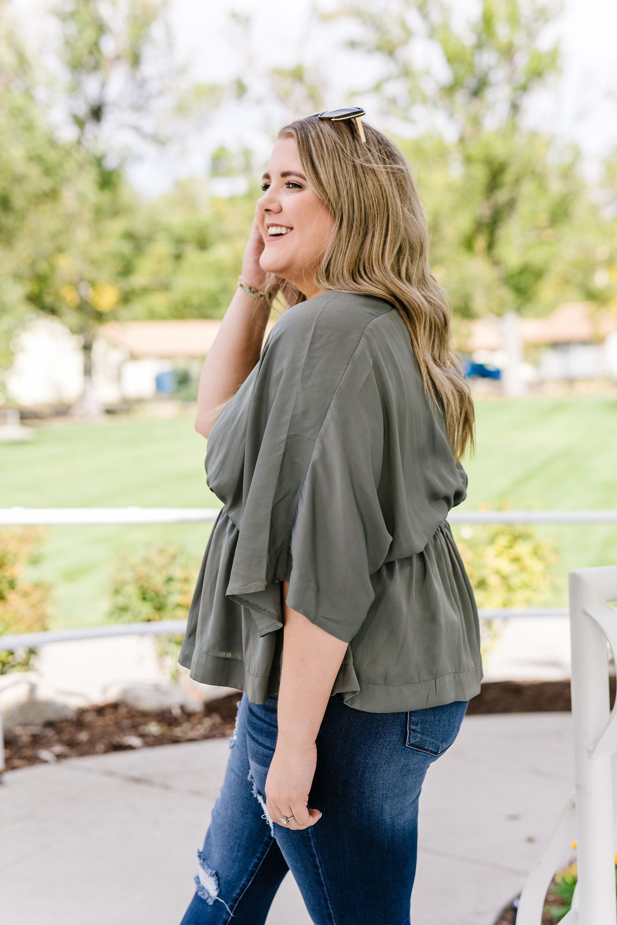 Slate Wrap Front Kimono Blouse