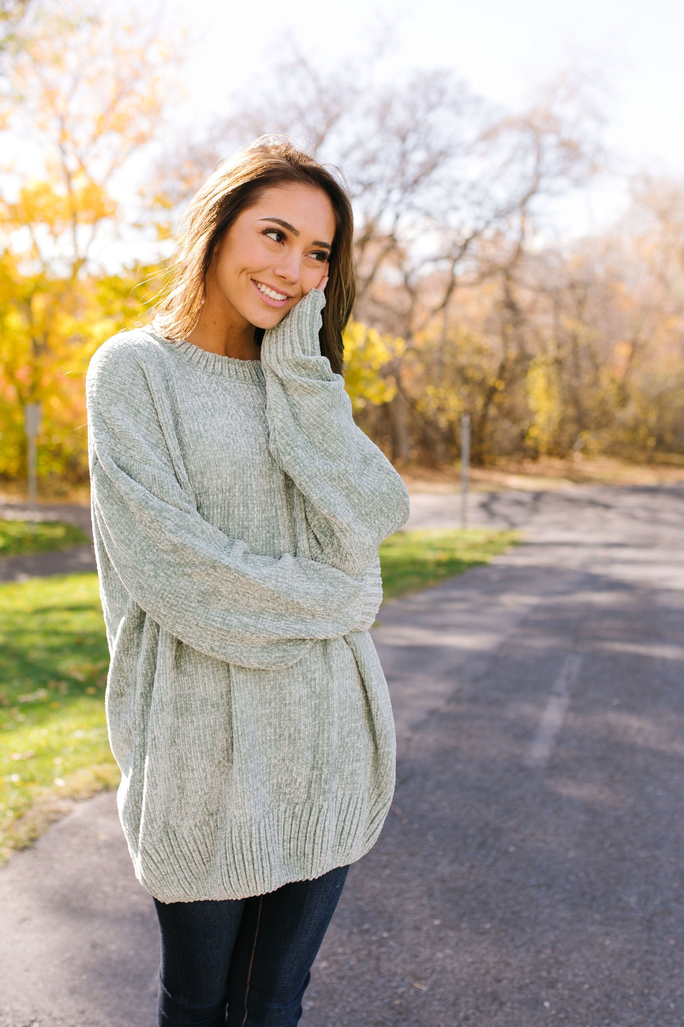 Slouchy Chenille Sweater In Sage - ALL SALES FINAL